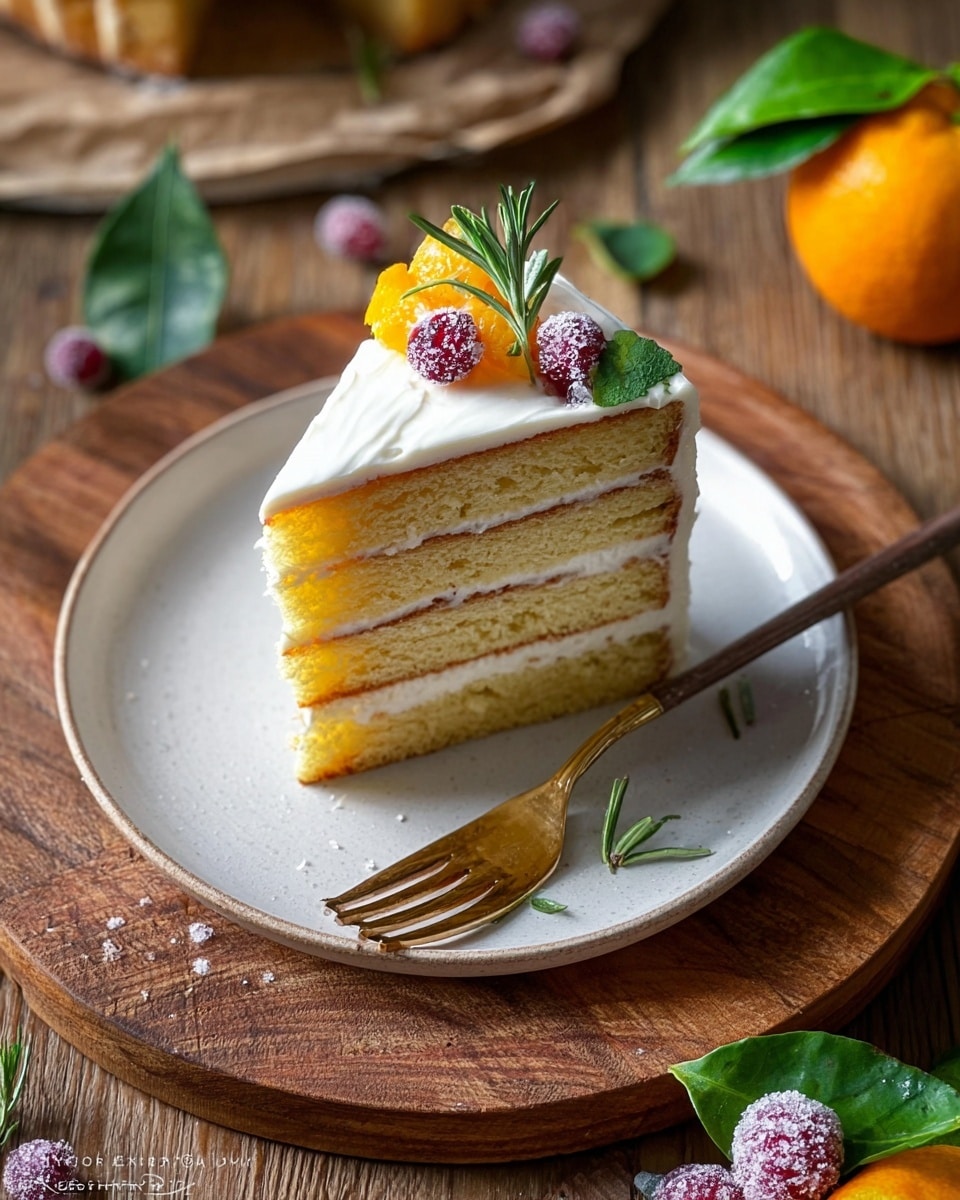 A slice of four-layer cake sits on a round white plate, with each layer of the cake alternated between light golden sponge and creamy white frosting. The top of the cake is smooth with white frosting, decorated with a sugar-coated red berry, a small green rosemary sprig, and a thin orange slice. A small gold fork with a dark brown handle rests on the plate beside the cake. The plate is placed on a wooden surface with some sugar-coated berries scattered nearby and a small whole orange with green leaves in the background. photo taken with an iphone --ar 4:5 --v 7