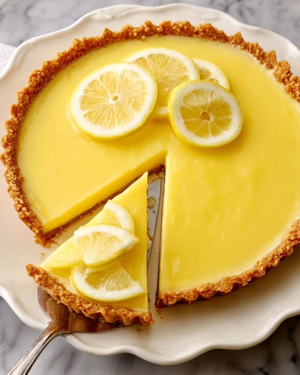 A lemon tart sits on a white plate with a scalloped edge, placed on a white marble surface. The tart has two layers: the base is a golden-brown, crumbly crust with a rough texture, and the top layer is a smooth, bright yellow lemon filling that looks creamy and glossy. One slice is lifted slightly on a metal server, showing the thickness of the filling and crust. Each lemon slice garnish is pale yellow with a white center, positioned on top of the tart and on the lifted slice. Photo taken with an iphone --ar 4:5 --v 7