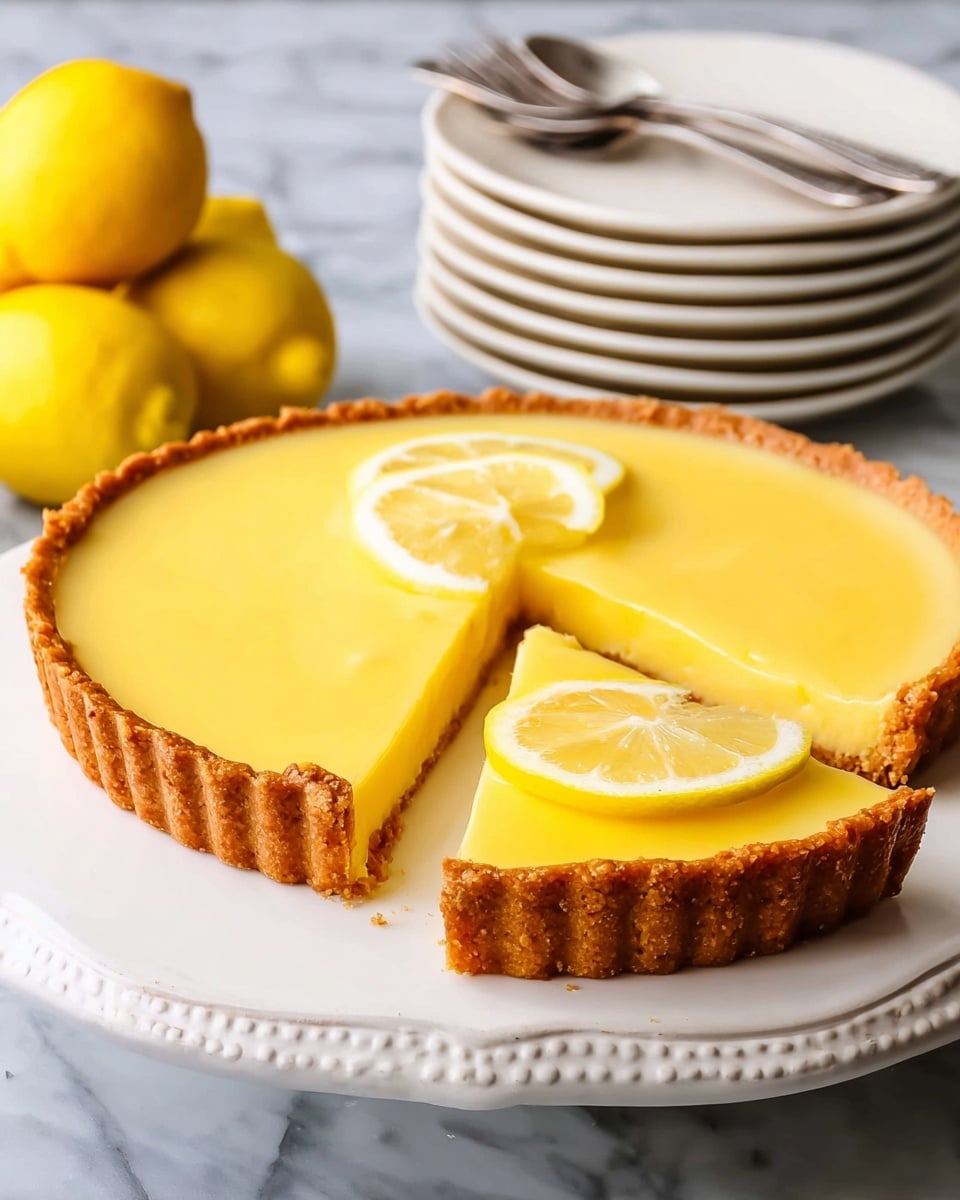 The image shows a lemon tart on a white plate with a decorative edge, placed on a table with a white marbled texture. The tart has two main layers: a thick, golden brown crust forming the base and edges, and a smooth, glossy, bright yellow lemon filling layer on top. One slice is taken out slightly, revealing the creamy texture of the lemon layer inside. The top of the tart is decorated with two thin lemon slices, one on the main tart and one on the slice that was removed. In the background, there are stacked white plates with silver forks on top and three whole lemons are visible. Photo taken with an iphone --ar 4:5 --v 7