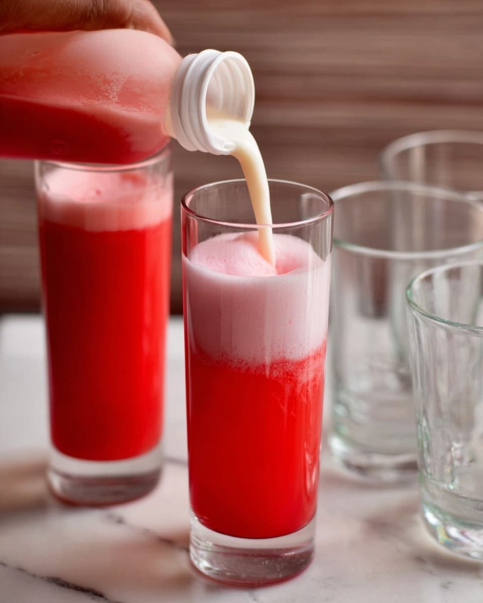 Two tall, clear glasses are shown, one filled almost to the top with bright red juice that has a thick, light pink foam layer on top, and the other is being filled with the same juice, poured from a white container. The juice is smooth and vibrant red, and the foam is soft and airy, creating a two-layer look in each glass. The glasses are placed on a white marbled surface, with a few empty clear glasses blurred in the background. A woman's hand is partially visible holding the white container as the juice flows smoothly into the glass. Photo taken with an iphone --ar 4:5 --v 7