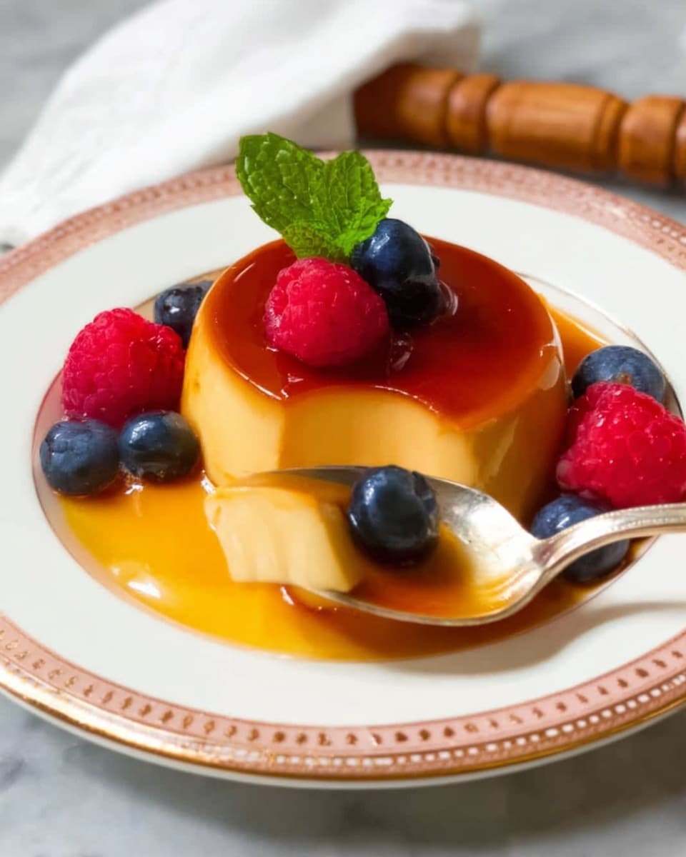 A white plate with thin gold and pink trim holds a smooth, round flan dessert with two visible layers: a thin, shiny caramel layer on top in deep amber color, and a thicker creamy pale yellow layer beneath. The caramel sauce pools around the base of the flan, slightly spilling onto the plate. On top of the caramel layer, there are two bright red raspberries, one dark blue blueberry, and a small green mint leaf in the center. More blueberries and raspberries rest around the flan on the plate. A spoon reflecting some caramel is scooping a small piece from the flan’s side. The background is a white marbled surface, and a white cloth with a wooden napkin ring is visible behind the plate. Photo taken with an iphone --ar 4:5 --v 7