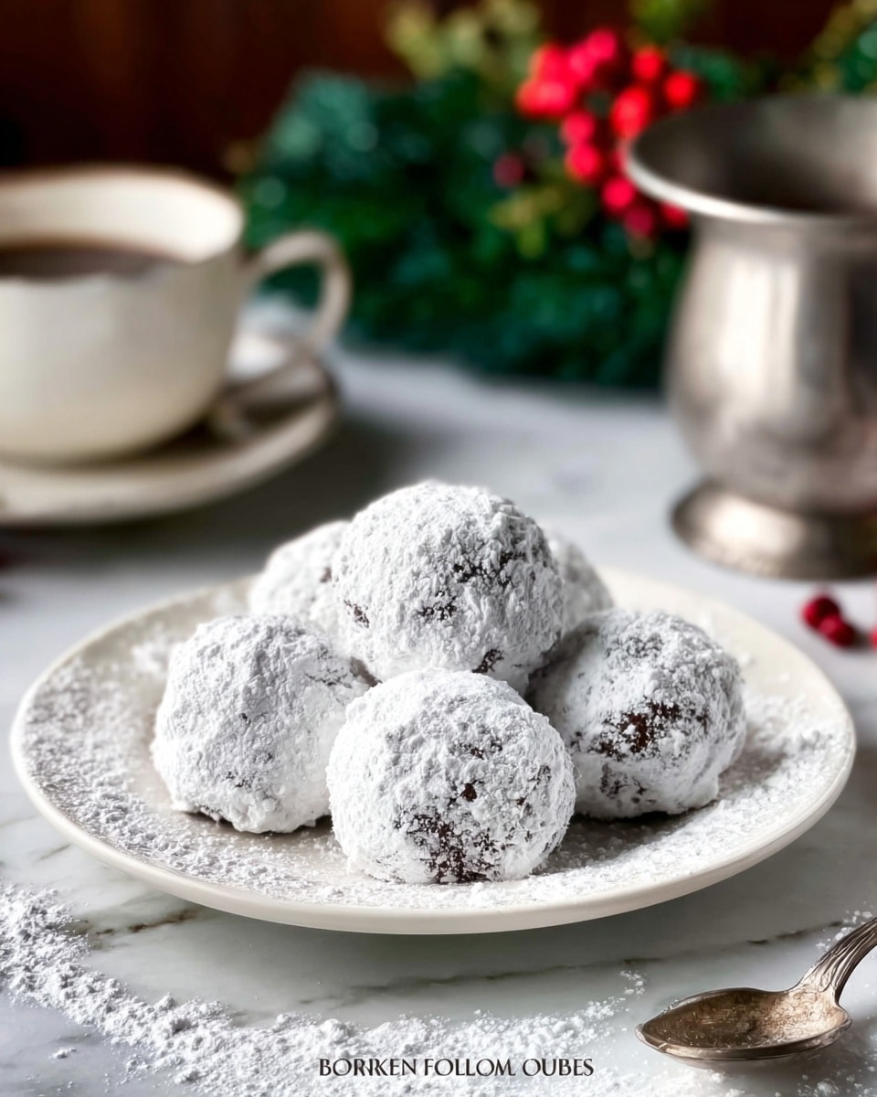 A white plate holds five round bourbon balls, each covered fully in a thick layer of powdered sugar giving them a snowy, powdery texture. The balls have a slightly rough surface beneath the sugar powder. The plate is placed on a white marbled textured surface with some loose powdered sugar scattered around. In the background, there is a blurred silver pot and festive green decorations with red berries. A silver spoon lies next to the plate, partially visible. The overall lighting is soft and natural, creating a cozy holiday feeling. photo taken with an iphone --ar 4:5 --v 7
