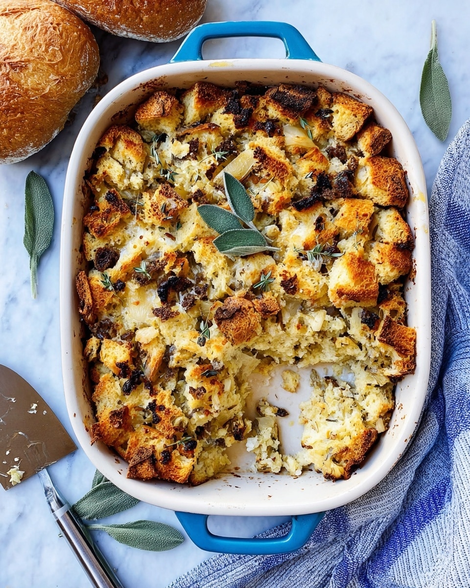 The image shows a baked bread pudding with a top layer made of roughly cut, toasted bread cubes that are golden brown with some darker browned edges. Scattered among the bread pieces are small bits of a darker ingredient, likely mushrooms, adding texture and color contrast. Underneath the top layer, a creamy, white sauce or custard is visible in patches, soaking into the bread pieces. The dish is presented in a white baking dish with light blue handles, set against a white marbled textured surface. photo taken with an iphone --ar 4:5 --v 7
