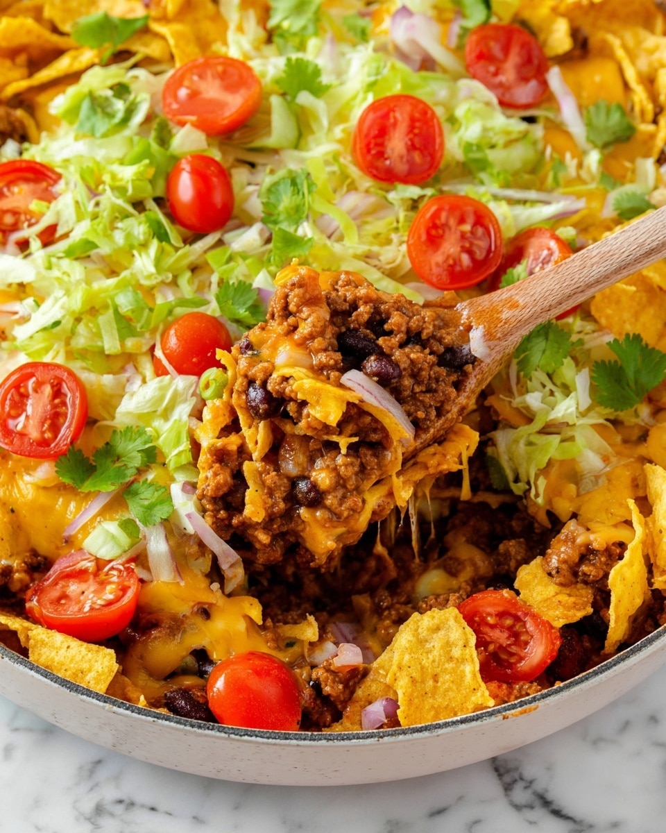 The dish is layered in a white bowl with a base of cooked seasoned ground beef mixed with black beans, topped with melted yellow and white cheese. Above this, there is a layer of crispy, yellow corn chips that are scattered unevenly, adding crunch. Fresh, shredded green lettuce is spread on top along with halved red cherry tomatoes, and small green cilantro leaves are sprinkled throughout. A wooden spoon holding a scoop of the layers lifts some of the ingredients, showing the mix of textures and colors. The bowl is placed on a white marbled surface. photo taken with an iphone --ar 4:5 --v 7