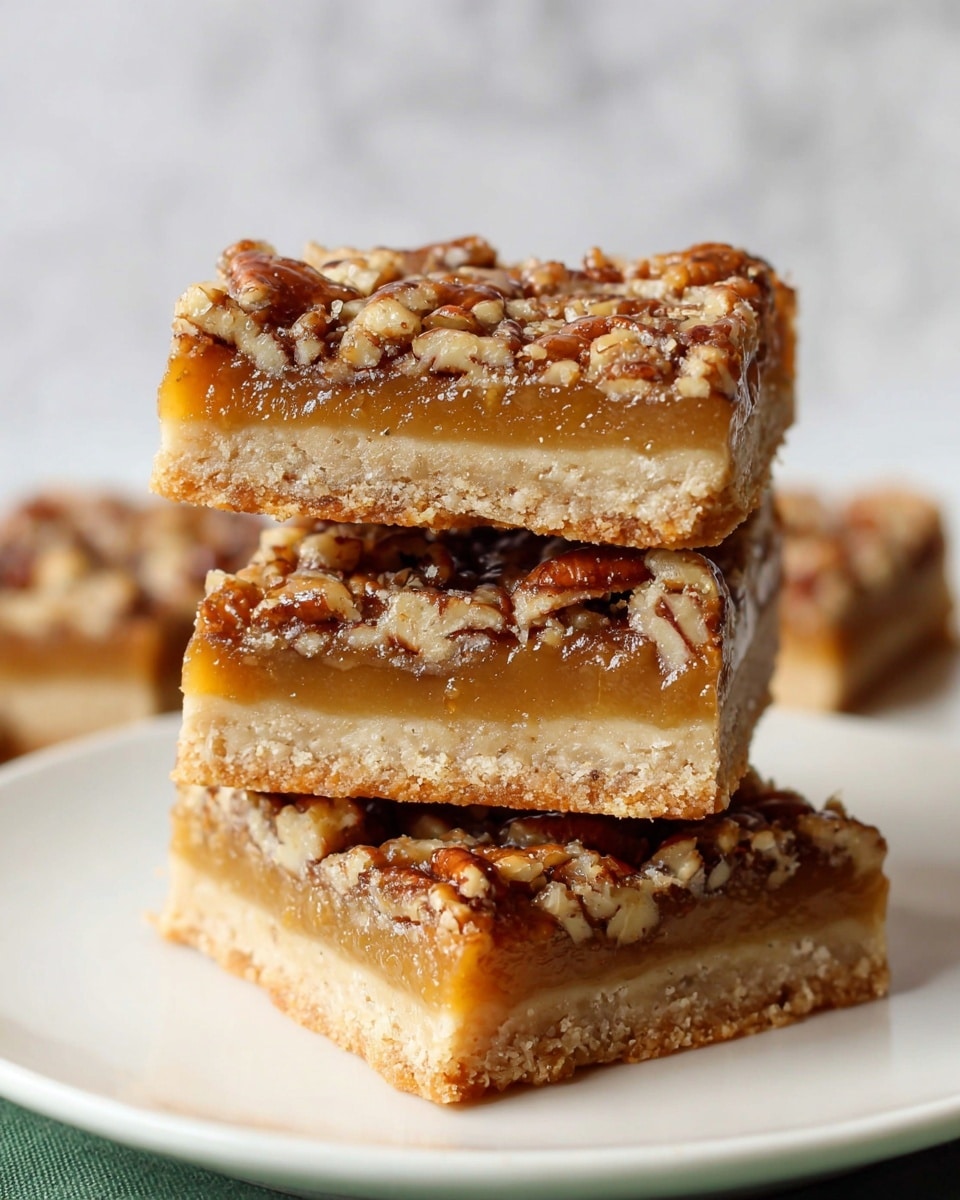 A stack of four square pecan bars sits centered on a white plate with a white marbled texture background. Each bar has three visible layers: the bottom layer is a thick, dense, light beige crust with a crumbly texture; the middle layer is a smooth, golden caramel filling; the top layer is a mix of chopped pecans embedded in a shiny, slightly sticky, amber topping that looks toasted and crunchy. The bars are neatly stacked with the top bar slightly angled, showing the layers clearly. Photo taken with an iphone --ar 4:5 --v 7