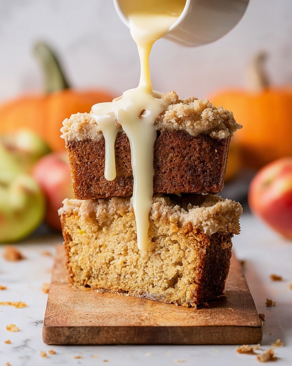 The image shows two thick slices of cake stacked vertically on top of each other on a wooden board. The bottom slice is light brown with a soft, porous texture, while the top slice is denser with a crumbly, streusel-like topping. Creamy, pale yellow icing is being poured over the top slice, slowly dripping down the sides and onto the board. The background is softly blurred with pumpkins and apples, with the whole scene set on a white marbled surface. photo taken with an iphone --ar 4:5 --v 7