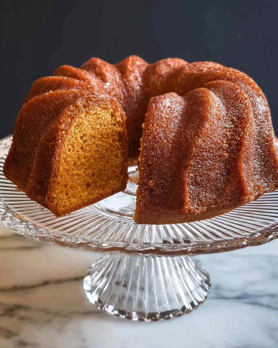 A single-layer bundt cake is shown on a clear glass cake stand with a fluted design. The cake has a deep golden brown crust with a glossy, slightly textured surface, and the inside is a lighter, warm brown color with a soft and moist texture. One piece is cut out, revealing the spiral swirls of the bundt shape. The cake and stand rest on a white marbled surface, and the background is a dark plain color. photo taken with an iphone --ar 4:5 --v 7
