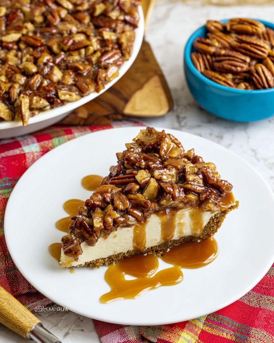 A slice of pie with three layers sits on a white plate with caramel sauce drizzled around it; the bottom layer is a golden-brown crust, the middle layer is a smooth cream cheese filling in light cream color, and the top layer is a thick mix of dark brown pecans and chunky bits of apple covered in glossy caramel glaze. In the background, there is the rest of the pie showing the nut and apple topping over the cream layer on a white plate edge, a wooden-handle serving spatula on a red and white checkered cloth, and a bright blue bowl filled with pecans, all set against a white marbled textured surface. photo taken with an iphone --ar 4:5 --v 7