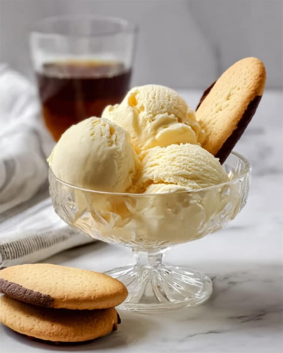 A clear glass dessert bowl filled with three scoops of creamy, pale yellow ice cream that has small pieces of nuts mixed in. The ice cream is topped with a few scattered small nut pieces. A round cookie with visible nut chunks is placed upright on the right side inside the bowl, leaning against the ice cream. The bowl sits on a white marbled surface with a red and white striped cloth nearby. Photo taken with an iphone --ar 4:5 --v 7