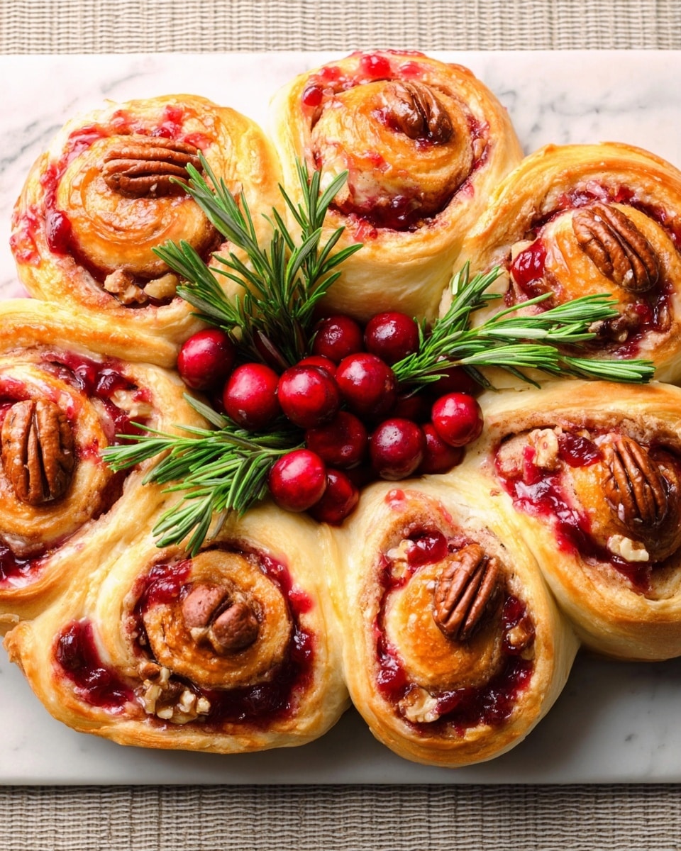 A wreath made of soft, golden-brown sweet rolls arranged in a circle, each roll swirled with bright red cranberry sauce inside the layers and topped with a glossy, toasted pecan in the center. In the middle of the wreath, there are fresh, plump red cranberries and sprigs of green rosemary adding a fresh touch. The wreath sits on a white marbled surface, showing the warm textures of the dough and the shiny, juicy cranberries. photo taken with an iphone --ar 4:5 --v 7