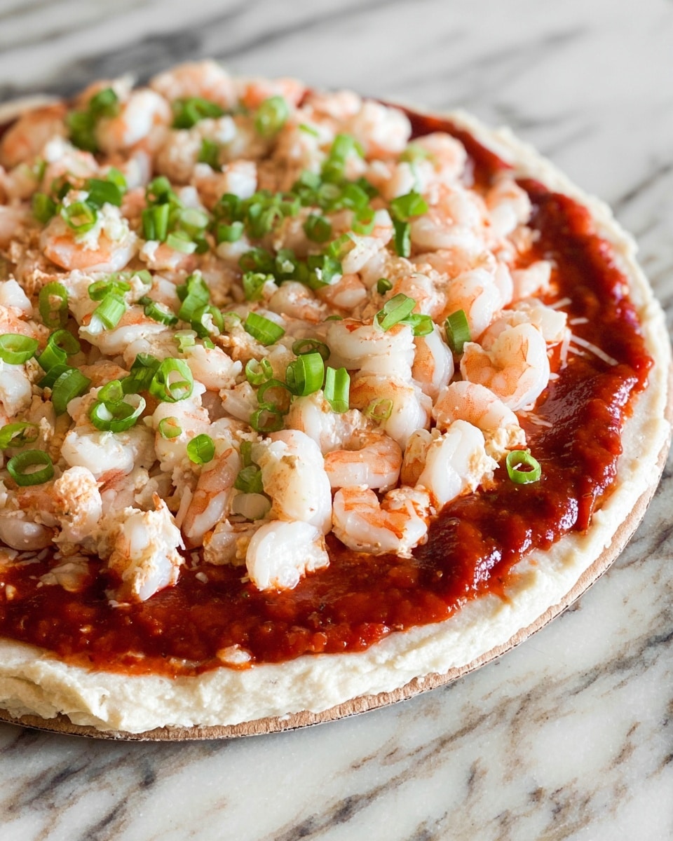 The image shows a close-up of a round dish with three clear layers. The bottom layer is a white creamy spread, smooth in texture and evenly covering the base. The middle layer is a deep red sauce, thick and laid neatly on top of the white spread, with a glossy look. On top, there are small pieces of white seafood, looking soft and tender, scattered all over the red sauce. Bright green chopped herbs are sprinkled evenly on the seafood, adding a fresh contrast. A woman's hand is holding a white cracker, lifting a spoonful of the layered mixture from the dish. The background is a white marbled surface. photo taken with an iphone --ar 4:5 --v 7