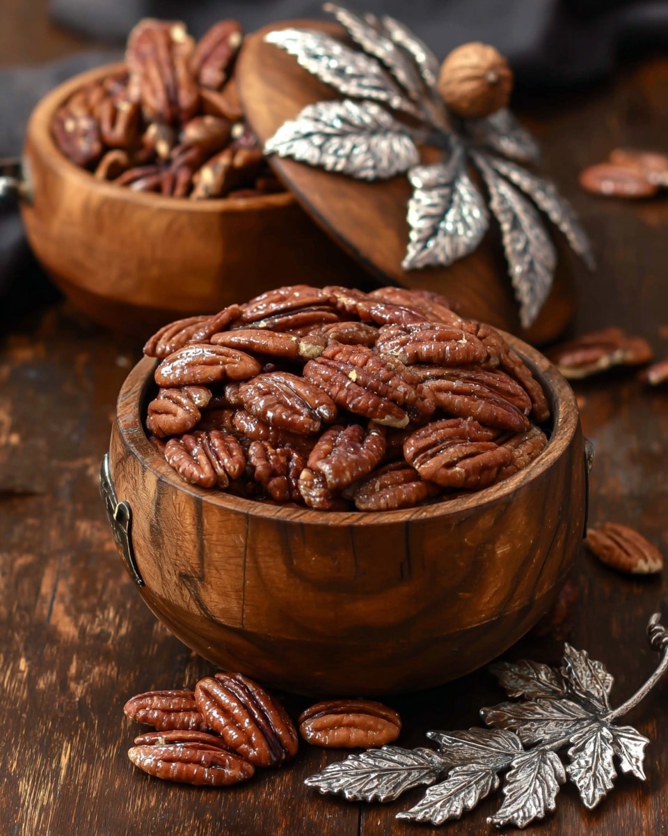 A wooden bowl filled with shiny, brown pecan nuts is placed on a dark wooden surface. The bowl is full, with pecans spilling out around its base. Behind it, there is another wooden bowl filled with pecans, partially covered with a decorative metal lid featuring silver leaves and a small brown acorn on top. The overall scene has rich brown tones from the pecans and wooden bowls, contrasted by the silver decoration and the rustic wood background. photo taken with an iphone --ar 4:5 --v 7