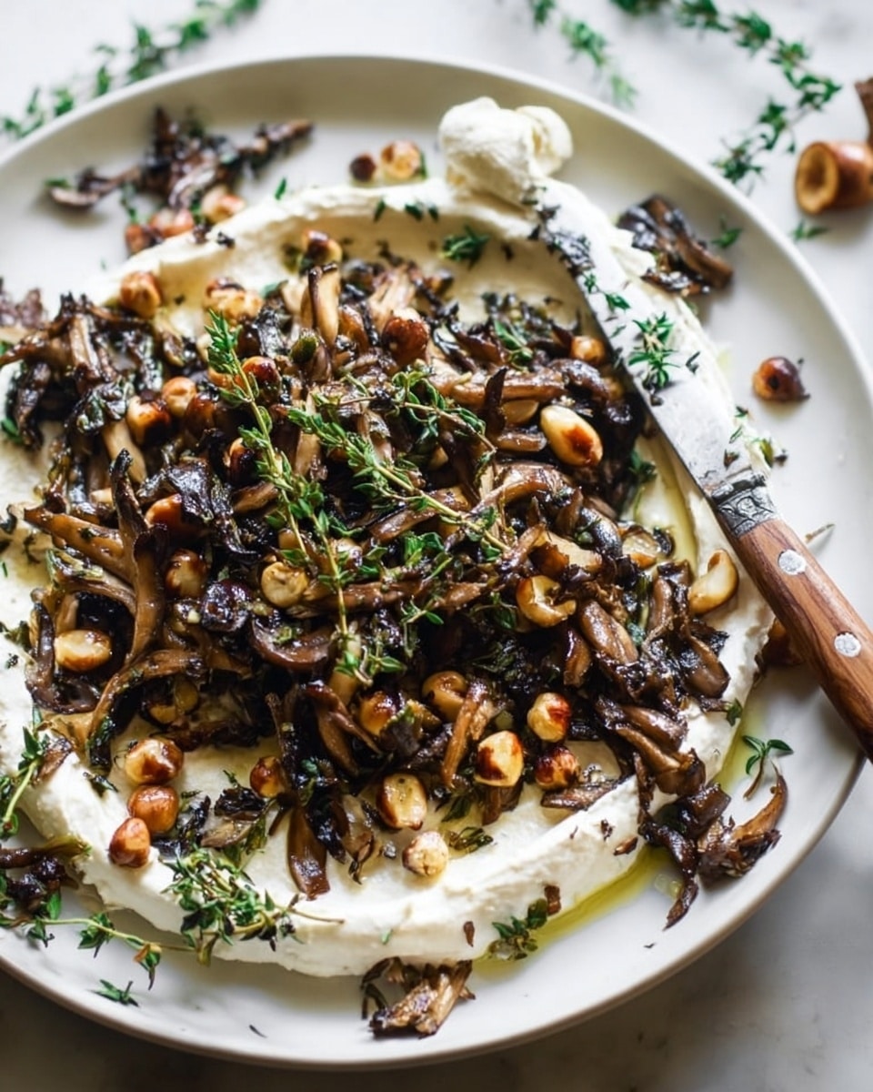 The dish shown is a creamy baked cheese wheel served in a white round dish with soft, melted, yellow-white cheese as the base layer, oozing slightly at the edges. On top, there is a thick layer of mixed sautéed mushrooms in various brown shades, with a glossy, tender texture. Scattered over the mushrooms are small pieces of toasted hazelnuts, light brown with a crunchy look. Fresh green thyme sprigs are added on top and around the dish for a fresh touch. A wooden handled knife lies on the edge of the plate, with some creamy cheese near it. The dish is set on a white marbled surface. photo taken with an iphone --ar 4:5 --v 7