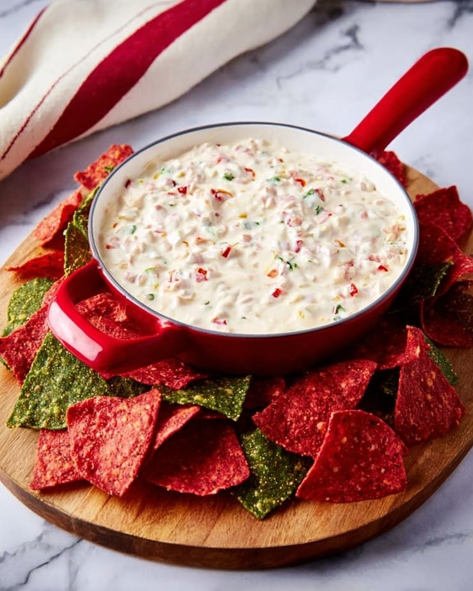 A white bowl with a red handle filled with creamy white cheese dip mixed with small bits of red and green peppers, placed on a round wooden board. Surrounding the bowl on the board are red and green tortilla chips, arranged loosely and overlapping. The whole setup is on a white marbled surface with a piece of white and red cloth in the background. photo taken with an iphone --ar 4:5 --v 7