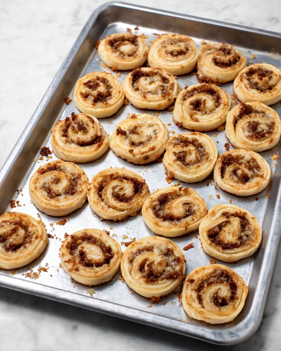 A silver baking tray holds about twenty round, small pinwheel pastries arranged in rows. Each pastry has two visible layers: the outer layer is a light golden, flaky crust with slightly uneven edges, while the inner layer is a darker brown, spiced filling with melted cheese scattered inside. The pastries vary slightly in size and some cheese bits are melted on the tray. The tray is placed on a white marbled surface. Photo taken with an iphone --ar 4:5 --v 7