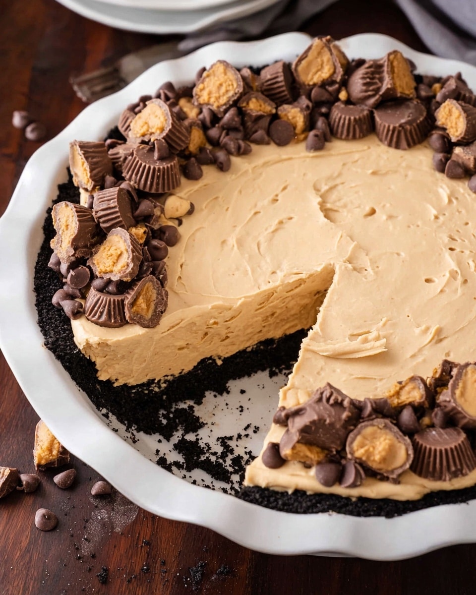 The image shows a creamy peanut butter pie in a white pie dish with a thick dark chocolate crumb crust at the bottom. On top, a smooth light tan peanut butter filling covers the pie evenly, with visible small darker spots. The upper edge of the filling is decorated with miniature chocolate peanut butter cups and scattered chocolate and peanut butter chips, adding a textured, rich look. A slice has been taken out from the pie, exposing the thick, creamy filling layer and the crumb base beneath. The pie dish sits on a dark wooden surface with some crumbs scattered around photo taken with an iphone --ar 4:5 --v 7
