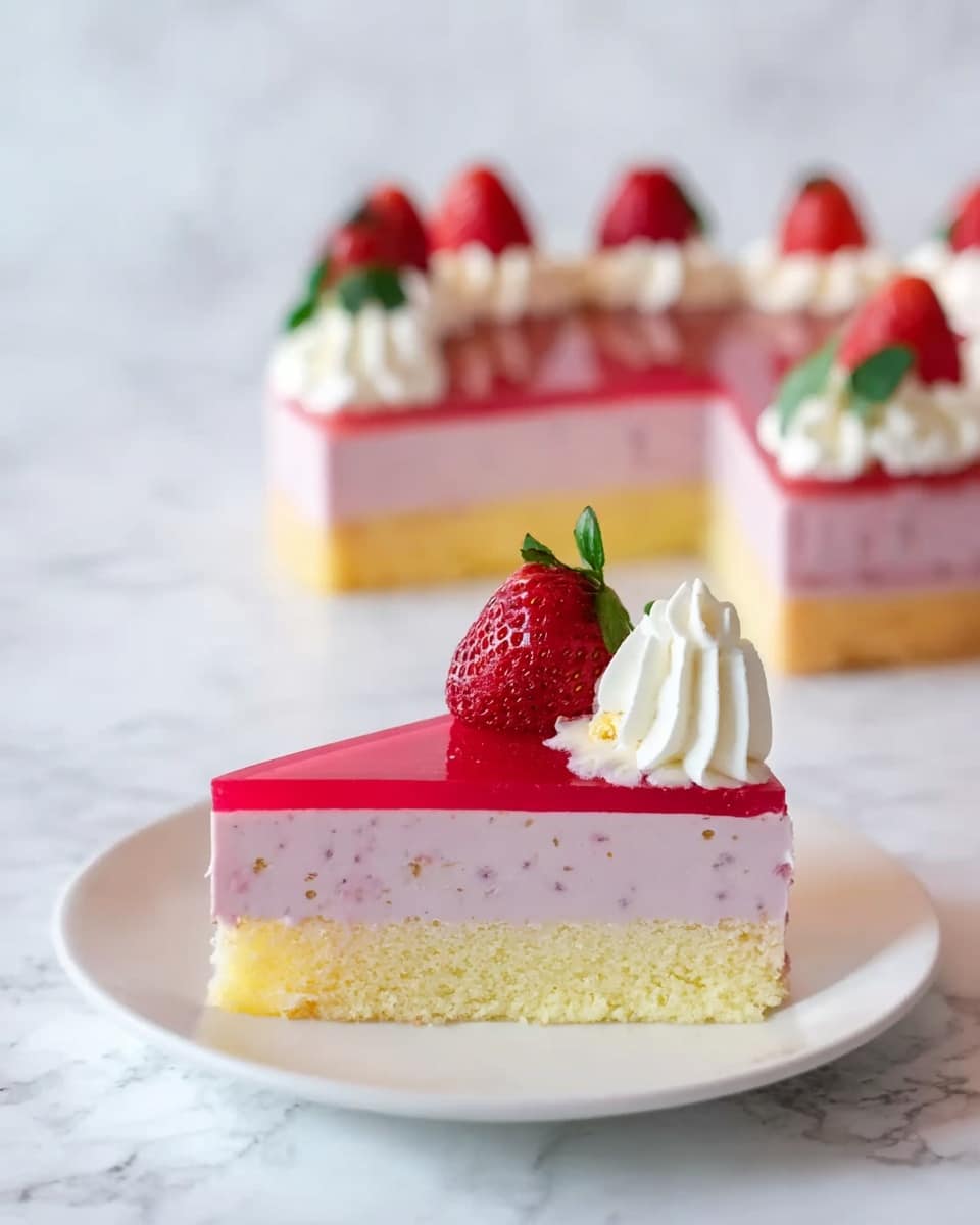 A slice of layered cake sits on a white plate on a white marbled surface, featuring three distinct layers: the bottom layer is a soft yellow sponge cake, the middle layer is a smooth light pink mousse with tiny specks, and the top layer is a bright red glossy jelly. On top of this slice is a fresh red strawberry with a small dollop of white cream beneath it and a bigger swirl of white whipped cream beside the strawberry. In the background, the full cake is visible, decorated with alternating whole strawberries and white whipped cream swirls around the edge, all on the same white marbled surface. photo taken with an iphone --ar 4:5 --v 7