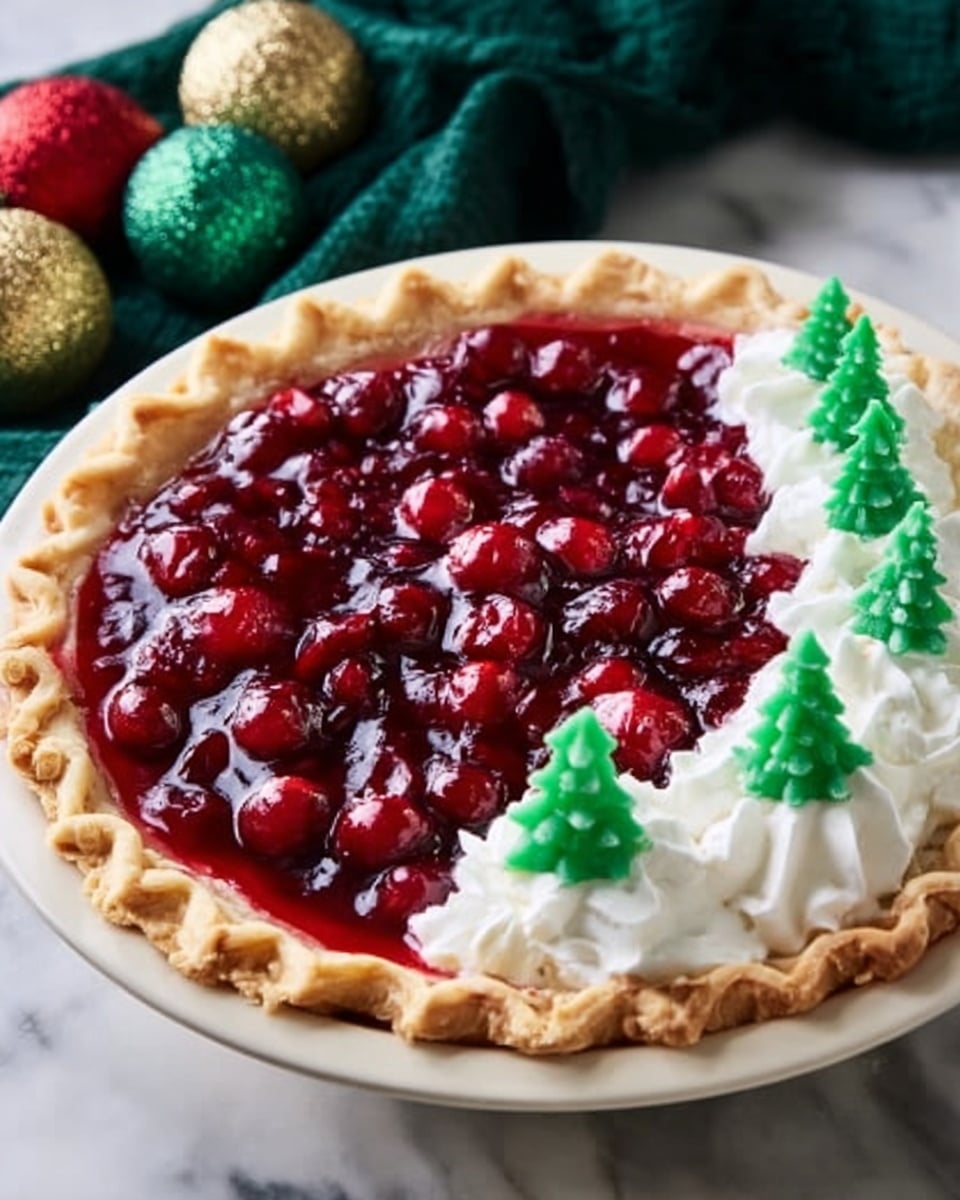 A white pie crust filled with a shiny, deep red cherry filling that has visible whole cherries and a thick syrupy texture, covering about half of the pie. The other half is topped with a layer of white whipped cream with soft, fluffy texture, decorated on top with five green gumdrop candies shaped like small Christmas trees. The pie is placed on a white marbled surface with a green cloth partially visible behind it. Photo taken with an iphone --ar 4:5 --v 7