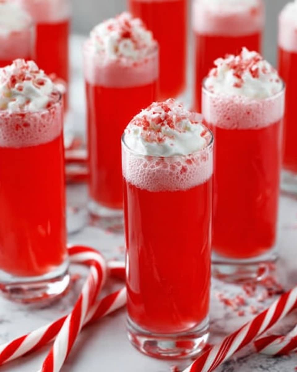 The image shows several clear tall glasses filled with a bright red drink that has a foamy top layer. Each glass is topped with a small dollop of white whipped cream and a light sprinkle of crushed red candy pieces. Two red and white striped candy canes lie in front of the glasses on a white marbled surface. The scene is bright and festive, with the glasses arranged closely together to fill the frame. photo taken with an iphone --ar 4:5 --v 7