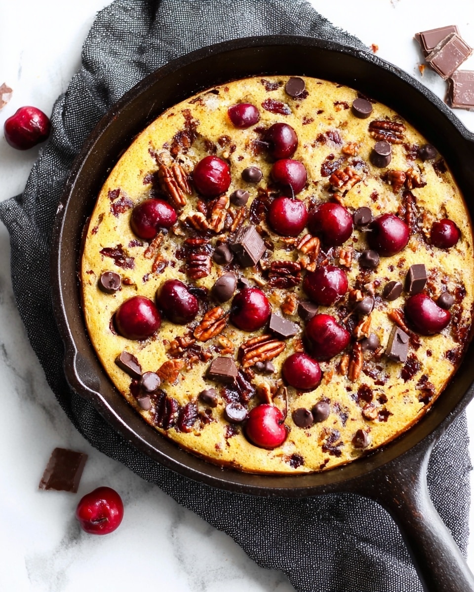 The image shows a round cast-iron pan filled with a baked dessert that has a light golden crust. The top layer is scattered with whole red cherries and pieces of dark chocolate, along with small chunks of pecans spread evenly across the surface. The pan rests on a dark gray cloth placed on a white marbled texture. There are a few cherries and chocolate pieces next to the pan. photo taken with an iphone --ar 4:5 --v 7