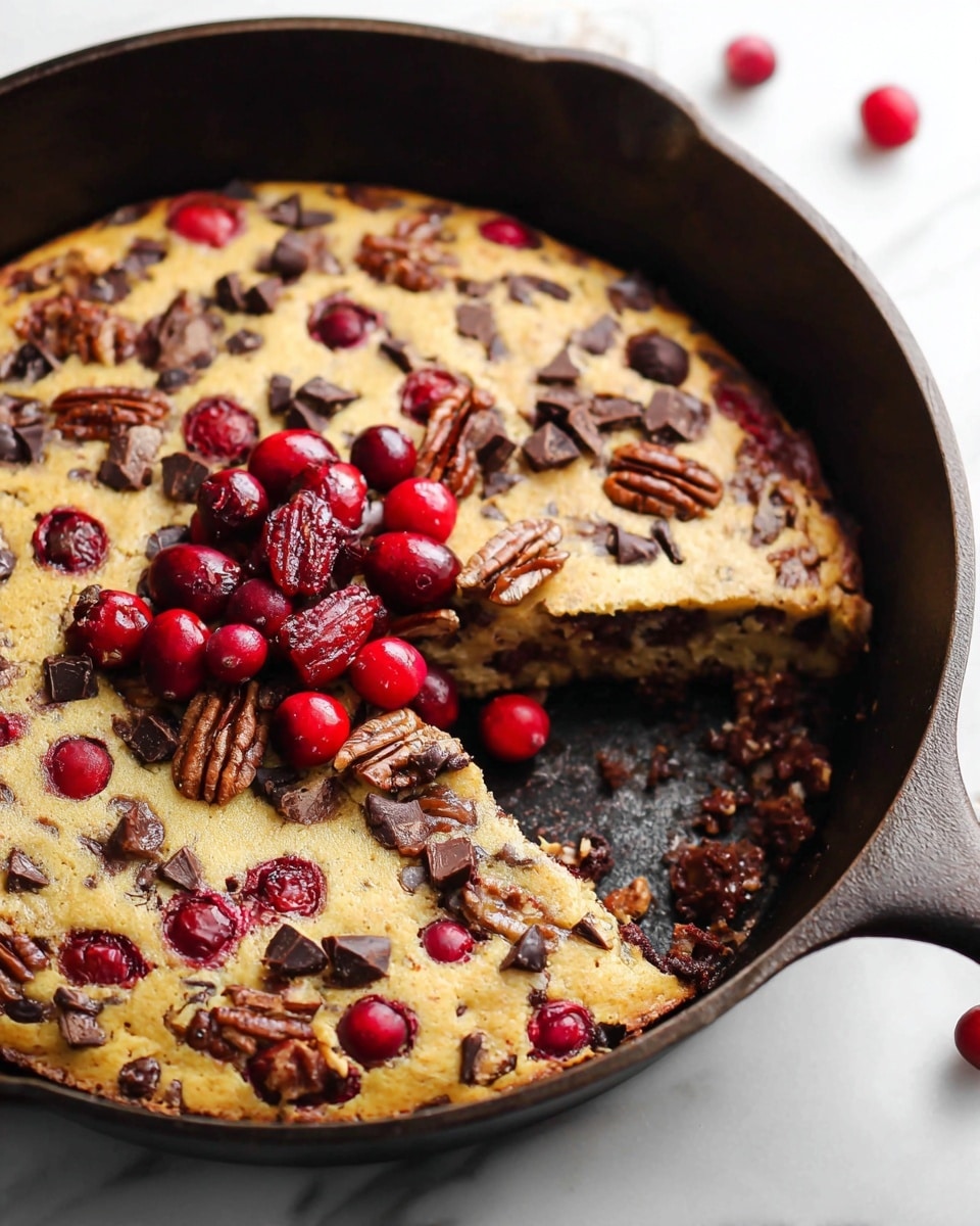 A cast iron skillet holds a baked dish with a golden brown top layer dotted with red cranberries, pecan halves, and dark chocolate chunks. A section is cut out revealing a soft, creamy inner layer beneath the browned surface, with a darker layer at the bottom, hinting at melted chocolate or a similar rich filling. A small pile of fresh red cranberries, pecans, and chocolate chunks sits in the center of the skillet on top of the dish. The skillet rests on a white marbled surface. photo taken with an iphone --ar 4:5 --v 7