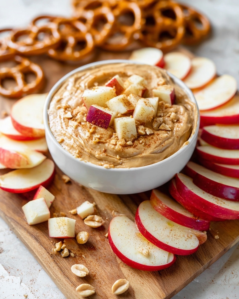 A white bowl filled with a creamy light brown peanut butter dip, topped with small cubes of red-skinned apple and chopped peanuts dusted with a light sprinkle of cinnamon. Around the bowl, there are several slices of red apple with white flesh, some sprinkled with chopped peanuts. In the background, there is a blurred pile of pretzels on a white marbled surface. photo taken with an iphone --ar 4:5 --v 7