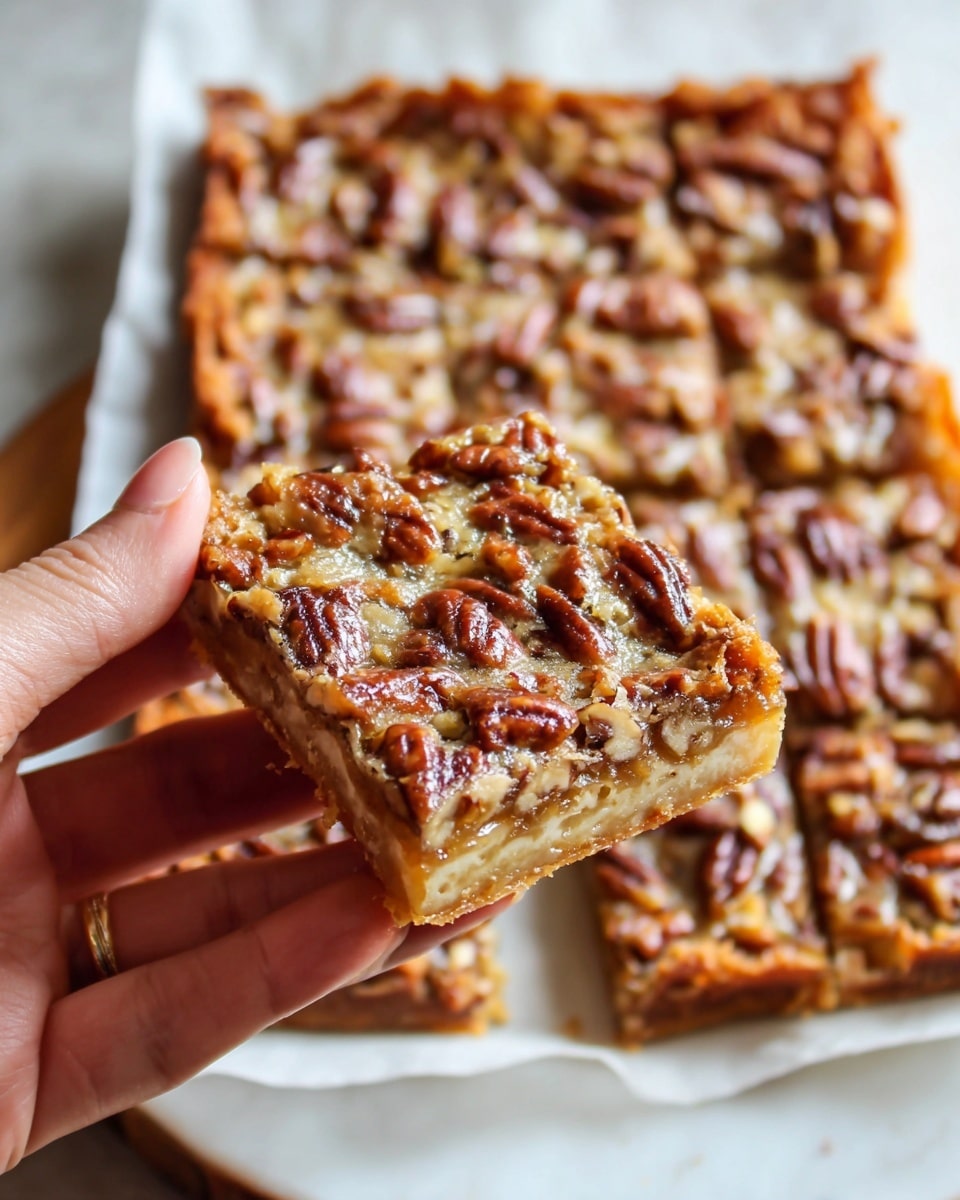 A close-up of a square slice of pecan pie bar being held by a woman's hand, showing its golden-brown crust layer at the bottom and a thick, glossy top layer filled with whole and chopped pecans embedded in a caramel-like, light amber filling with a slightly bubbly texture. Behind it, a white plate lined with parchment paper holds the remaining pie bars cut into squares, with the same golden brown nut topping and smooth crust base all resting on a white marbled surface. photo taken with an iphone --ar 4:5 --v 7
