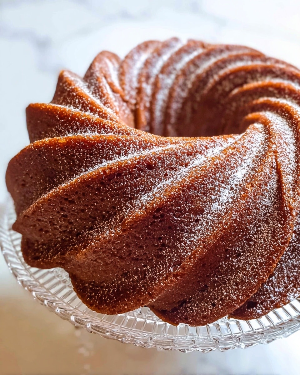 The image shows a single-layer bundt cake with a deep amber brown color, featuring a detailed spiral swirl pattern that creates a textured look on the outside. The cake’s surface is slightly shiny and speckled with a light dusting of powdered sugar, adding a subtle white contrast. The cake is centered on a clear glass stand, and the background is a white marbled texture. Photo taken with an iphone --ar 4:5 --v 7