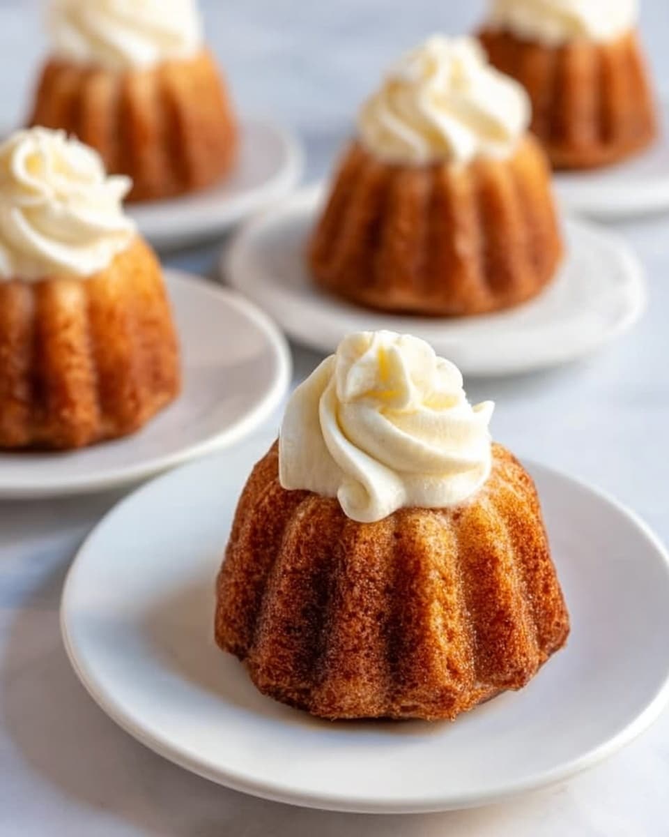 A small bundt cake with a golden-brown, textured surface sits on a white plate, showing ridged outer edges and hints of darker baked spots. On top, a thick swirl of white frosting with soft ridges and a peak crowns the cake. In the background, several similar bundt cakes with white frosting are arranged on white plates on a white marbled surface, softly blurred to keep focus on the front cake. photo taken with an iphone --ar 4:5 --v 7