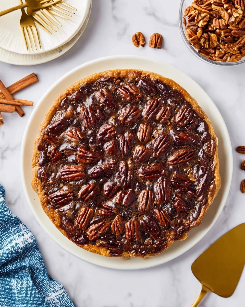 A round pecan pie sits on a white plate, centered on a white marbled surface. The pie has one visible layer: a dark brown, glossy top covered evenly with whole and halved pecans that have a shiny glaze. The crust at the edges is golden brown and slightly crumbly. Around the pie, to the top right, there is a clear glass bowl filled with more pecans, and cinnamon sticks lie nearby. In the top left corner, a white plate holds three gold forks, and a blue-and-white cloth is partially visible in the bottom left. A gold pie server is placed near the bottom right. photo taken with an iphone --ar 4:5 --v 7
