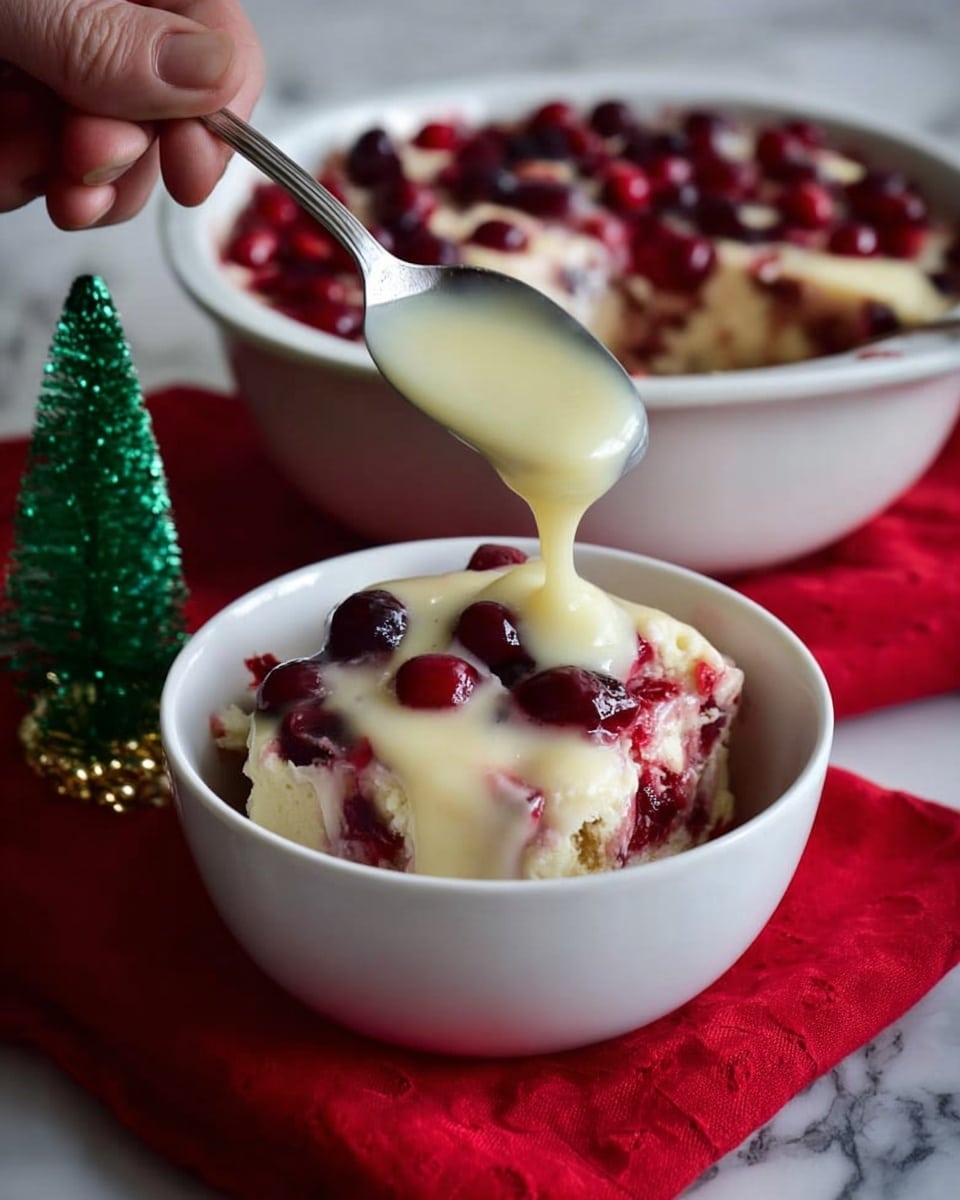 A round white dish filled with a baked dessert that has two clear layers: the bottom layer is dark red with a rich berry texture, likely cherries or cranberries, while the top layer is creamy white with a fluffy, slightly uneven surface, dotted with whole red berries peeking through. The dish sits on a green and white striped cloth, on a white marbled surface. The background shows a wooden cutting board and some tiles. Photo taken with an iphone --ar 4:5 --v 7