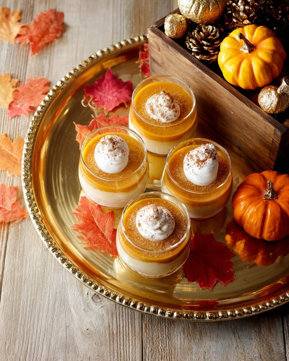 Four glass cups hold layered pumpkin desserts arranged on a round gold tray with small bead details on the edge. Each dessert has three visible layers: a creamy pale orange base, a darker orange middle layer, and a dollop of white whipped cream sprinkled with brown spice on top. The tray is decorated with red, orange, and yellow autumn leaves scattered around the cups. Next to the tray, a wooden box filled with pinecones and small decorative pumpkins in gold and bright orange is partially visible. The whole scene sits on a wooden textured surface changed to a white marbled texture. photo taken with an iphone --ar 4:5 --v 7