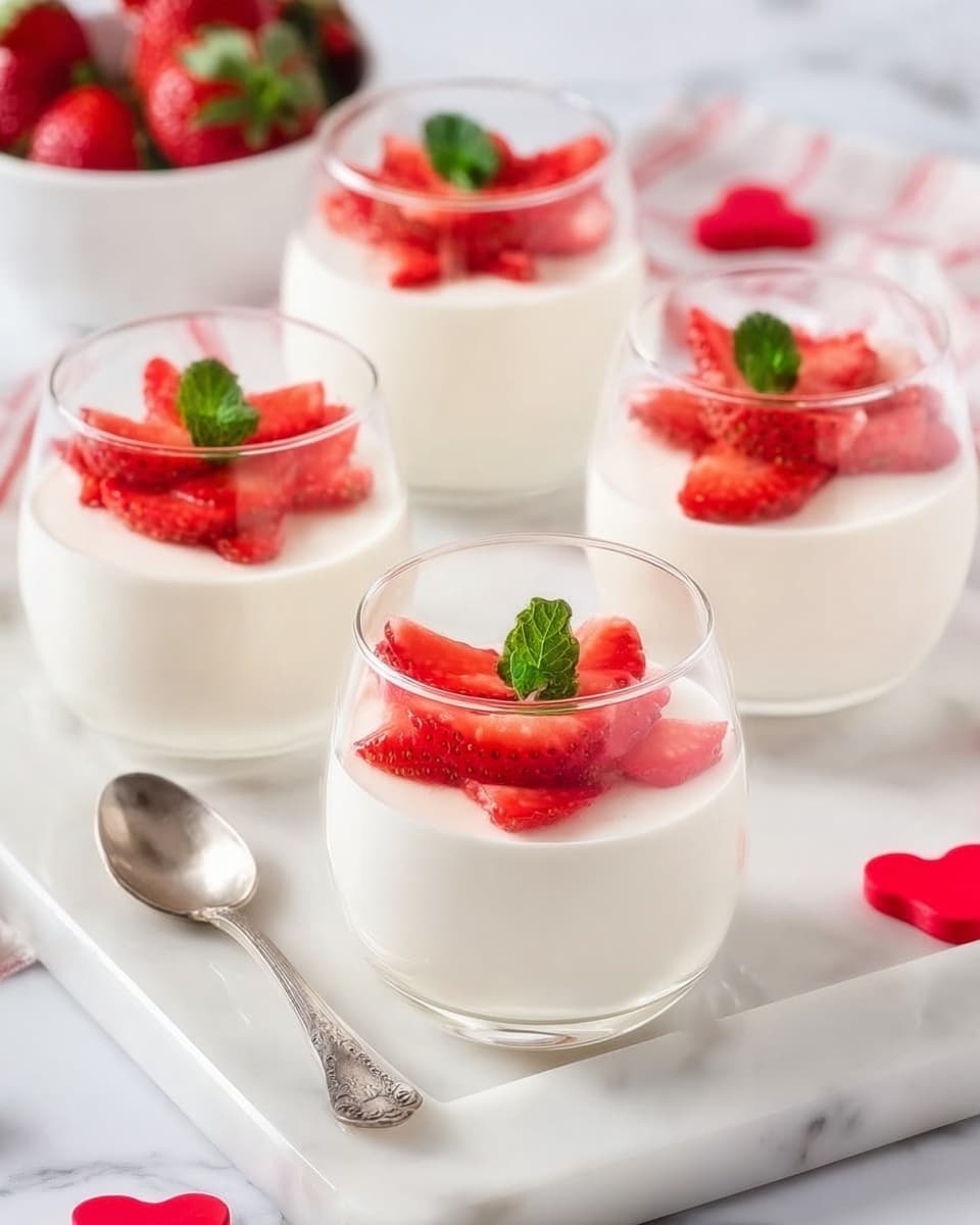 The image shows a white panna cotta dessert served in a clear glass with a wide bowl and short stem, filled with two layers: a thick creamy white base and a top layer of red strawberry sauce with several fresh red strawberry slices and a small green mint leaf on top. In the background, there are three more similar glasses, each with the same two layers and strawberry garnish. The dessert glasses are placed on a clear textured tray on a white marbled surface. The overall look is fresh and clean with soft lighting. photo taken with an iphone --ar 4:5 --v 7