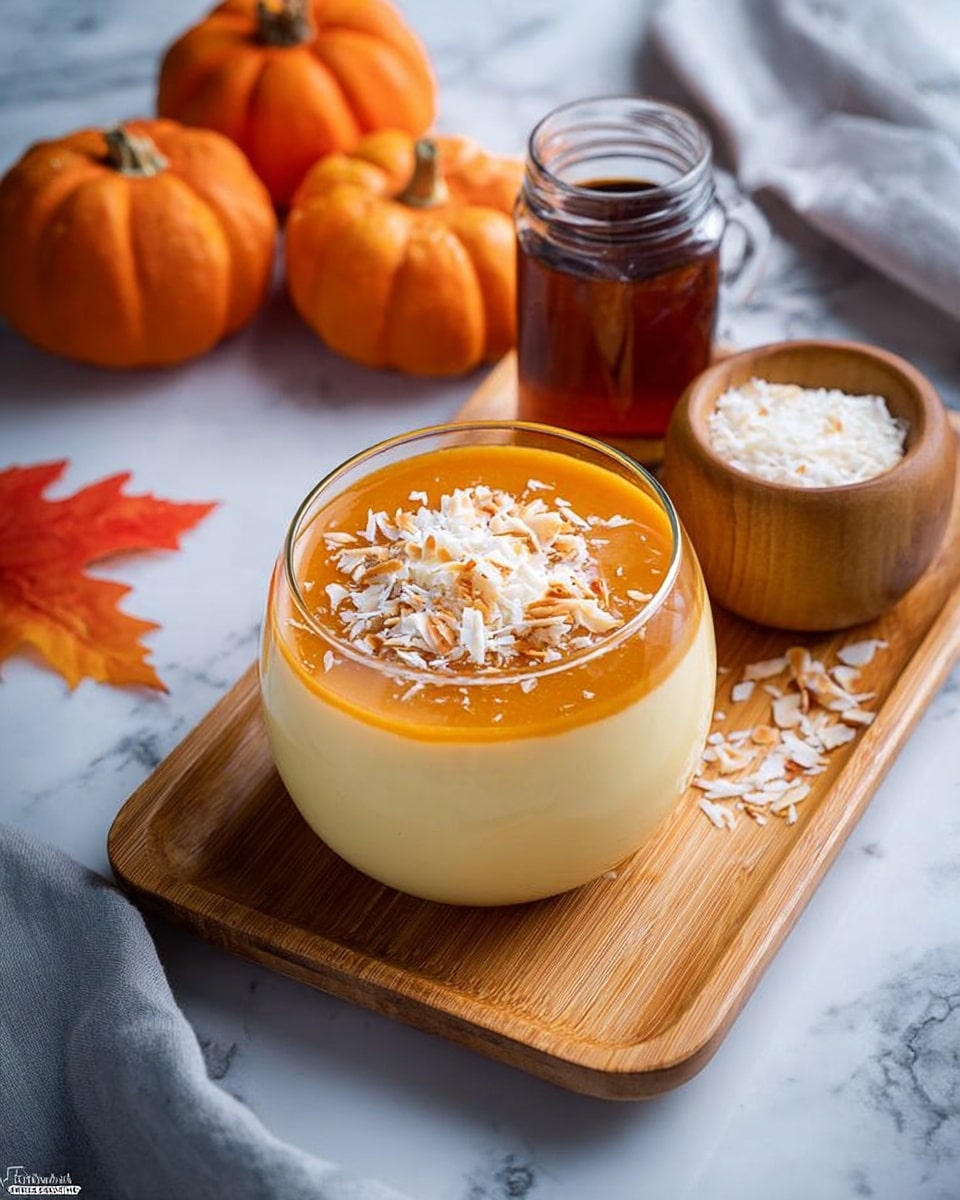 A clear glass bowl filled with two layers of smooth dessert: the bottom layer is a thick pale yellow, and the top layer is a shiny orange-colored sauce. The dessert is topped with a sprinkle of white shredded coconut and light brown toasted flakes. The bowl sits on a light wooden tray alongside a small wooden cup holding more shredded coconut and a glass jar filled with dark amber syrup. The surface beneath is a white marbled texture, with two small bright orange pumpkins and an orange maple leaf on the upper left side. A soft light gray cloth lies near the tray, photo taken with an iphone --ar 4:5 --v 7