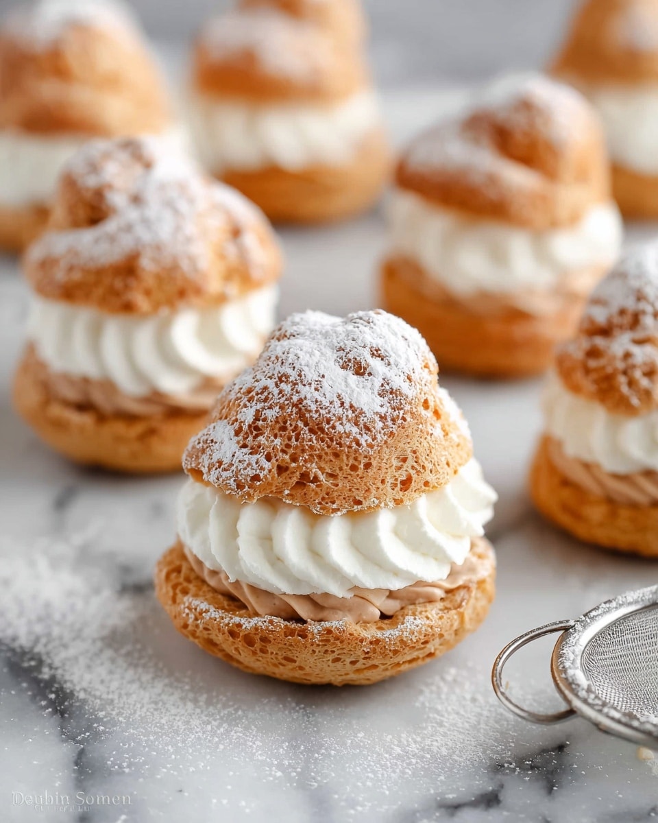 Several cream puffs are placed on a white marbled surface, each showing two main layers: a golden brown, slightly rough puff pastry top and bottom, with a thick, smooth, white cream filling sandwiched between. The tops are dusted lightly with fine white powdered sugar. In the foreground, one cream puff is in sharp focus, highlighting its fluffy texture and the cream softly peeking out. A small metal sieve with powdered sugar is nearby, with some powdered sugar scattered around the cream puffs. The overall lighting is soft and natural, enhancing the warm color of the pastries. Photo taken with an iphone --ar 4:5 --v 7