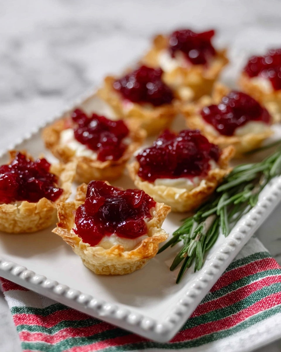 The image shows nine small tartlets arranged in three rows on a rectangular white plate with a decorative edge. Each tartlet has a golden, crispy, crinkled crust forming the base and sides, filled with a dollop of smooth white cheese topped with bright red chunky cranberry sauce. The tartlets are placed on a white marbled surface and there is a sprig of green rosemary on the plate near the back side. A cloth with red and green stripes is partly visible under the plate. photo taken with an iphone --ar 4:5 --v 7