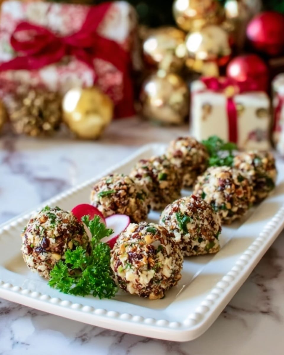 The image shows a white rectangular plate placed on a white marbled surface, holding nine small, round cheese balls covered with chopped nuts and herbs. Each cheese ball has a rough texture from the coating, appearing brownish with green specks from the herbs mixed in. The balls are arranged in a scattered formation, some closer to the front of the plate, others more towards the back. A sprig of fresh green parsley and some red berries are placed next to the cheese balls for decoration. In the background, there are blurred Christmas-themed ornaments in red, gold, and green, adding a festive touch. Photo taken with an iphone --ar 4:5 --v 7