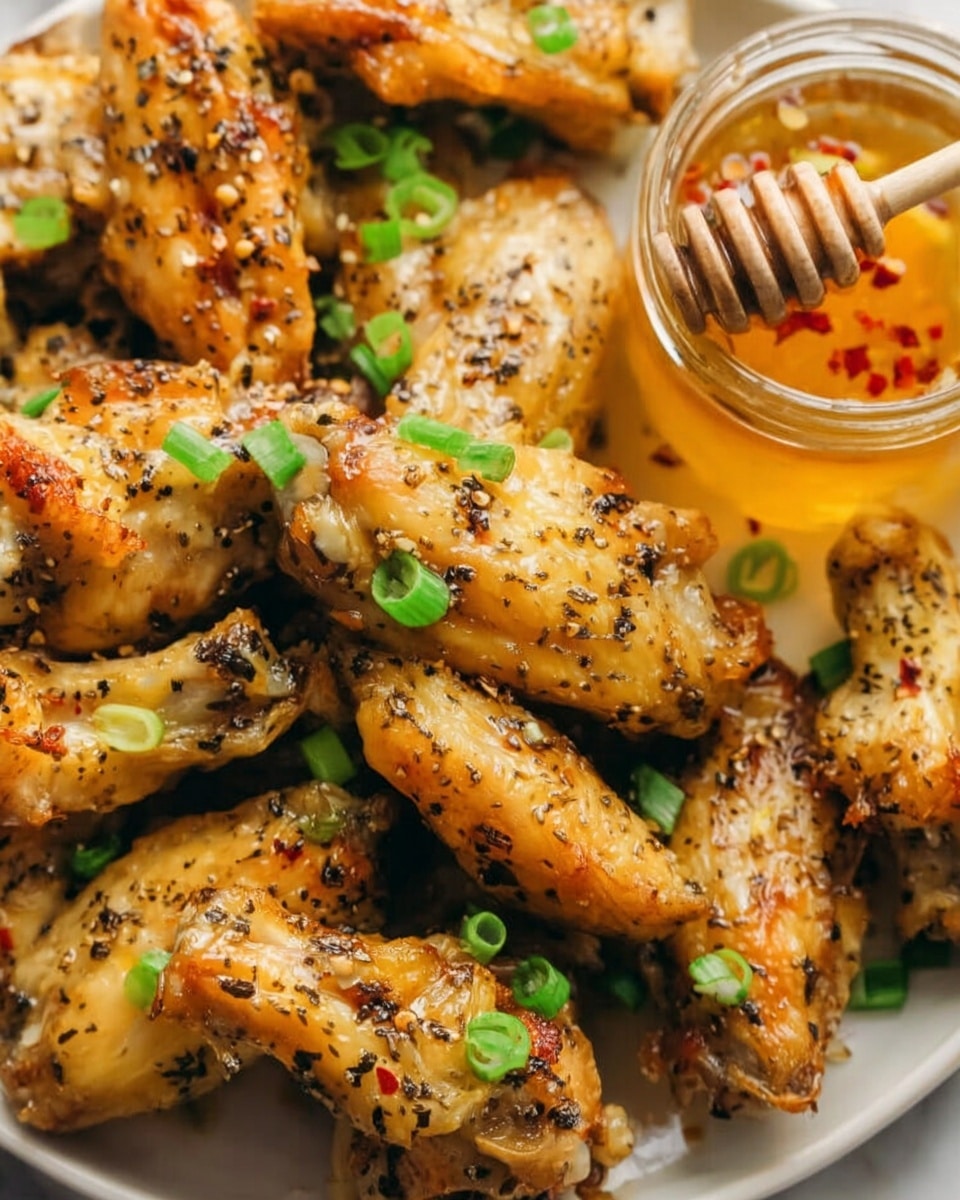 A close-up image of golden brown chicken wings seasoned with black pepper and garnished with bright green chopped scallions scattered on top. Next to the wings is a small jar filled with honey, with a wooden honey dipper resting inside, coated with thick honey and tiny red pepper flakes. The dish is placed on a white plate set on a white marbled surface. The wings have a shiny, slightly crispy texture showing their cooked perfection. Photo taken with an iphone --ar 4:5 --v 7