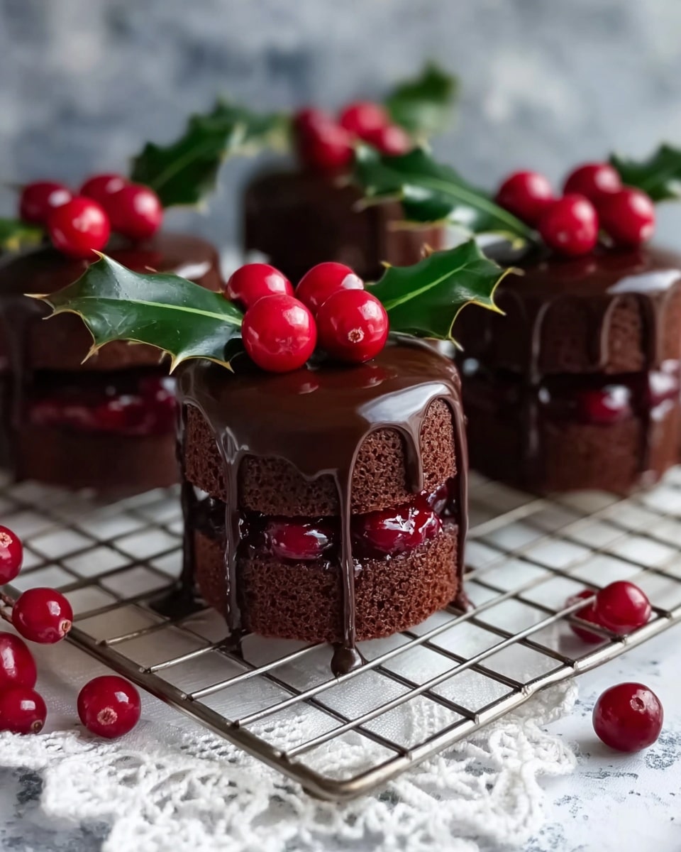 The image shows small chocolate cakes with two dark brown sponge layers, separated by a bright red jam filling. Each cake is covered with thick, glossy dark chocolate ganache that drips down the sides. On top, there are shiny red cranberries and green holly leaves with pointed edges as decoration. The cakes are placed on a metal cooling rack over a white marbled surface with a white lace cloth and extra cranberries around. Photo taken with an iphone --ar 4:5 --v 7