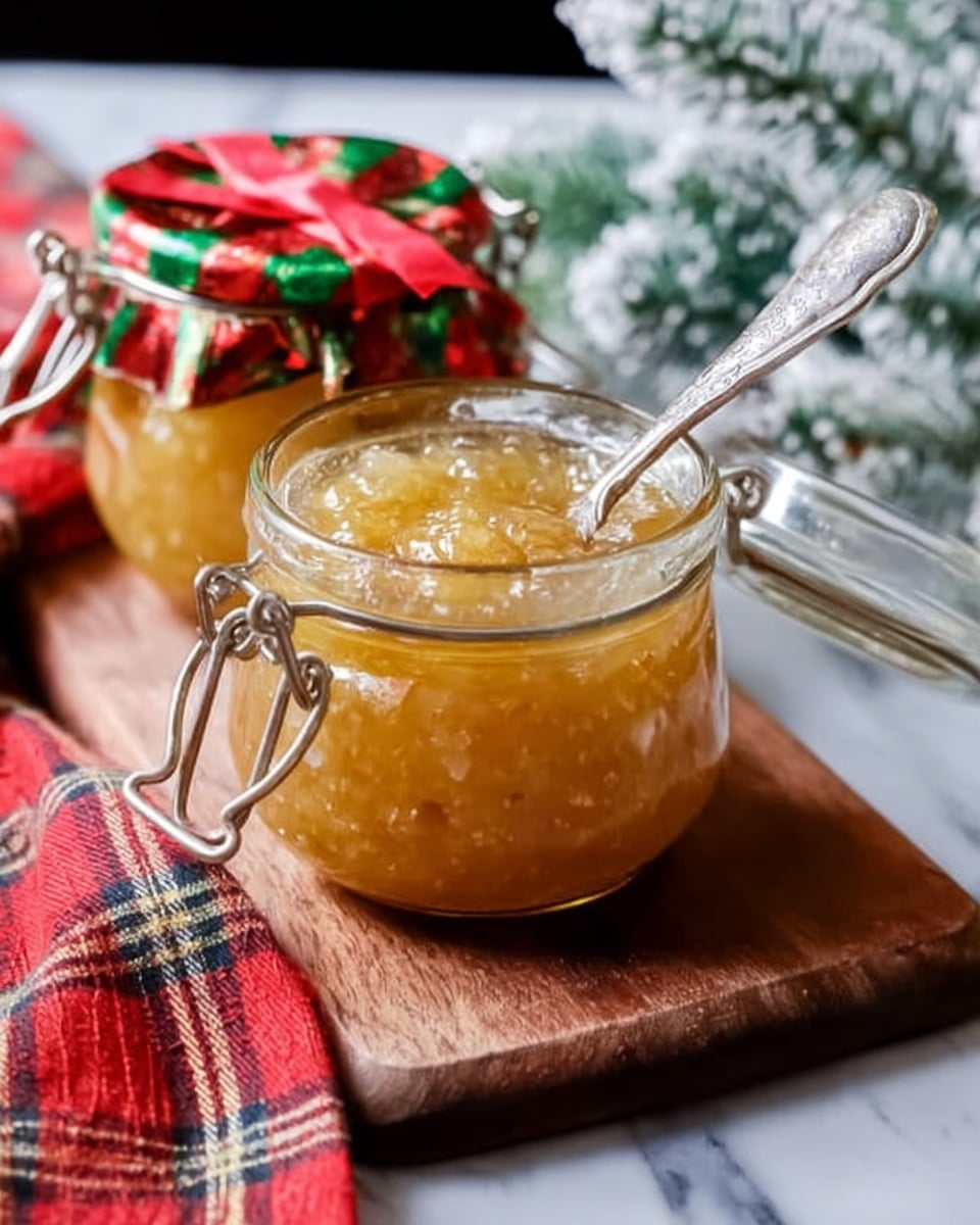 A white plate with green holly and red ribbon patterns holds a dessert with three layers: a creamy white base layer topped with a thick, golden brown sauce sprinkled with small bits of spice, likely cinnamon or nutmeg, covering the whole top and spilling slightly at the edges; on either side of the dessert, there are three rectangular brown cookies with ridged edges, stacked slightly overlapping. A silver spoon rests under the dessert on the plate. The plate is set on a round red-and-white woven mat, placed on a white marbled surface. Around the plate, there are Christmas-themed decorations including a jar with golden and red ribbons and a green ornament, along with a red, white, and green plaid cloth at the bottom left corner. Photo taken with an iphone --ar 4:5 --v 7