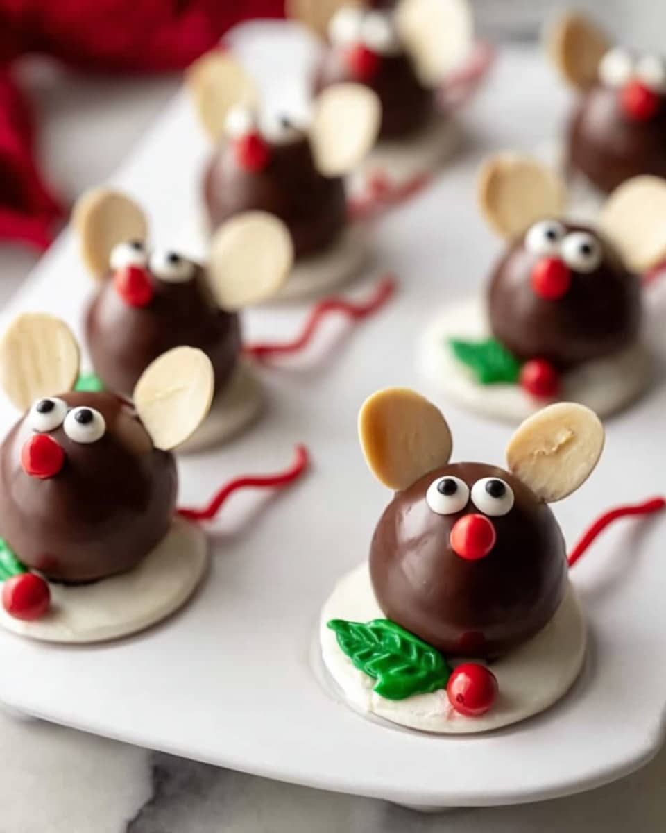 The image shows small mouse-shaped chocolate treats placed in a white muffin tray on a white marbled surface. Each mouse is made with a dark brown chocolate ball forming the body and a smaller chocolate piece for the nose, which is topped with a small red candy. Two thin, light brown almond slices form the ears on top of each mouse. The eyes are made with two small white candy circles with black dots for pupils, giving a wide-eyed look. The tail is a thin red licorice strand sticking out from the back. Each mouse sits on a white base, decorated with a small green leaf-shaped candy and tiny red berry-shaped candies next to it. photo taken with an iphone --ar 4:5 --v 7