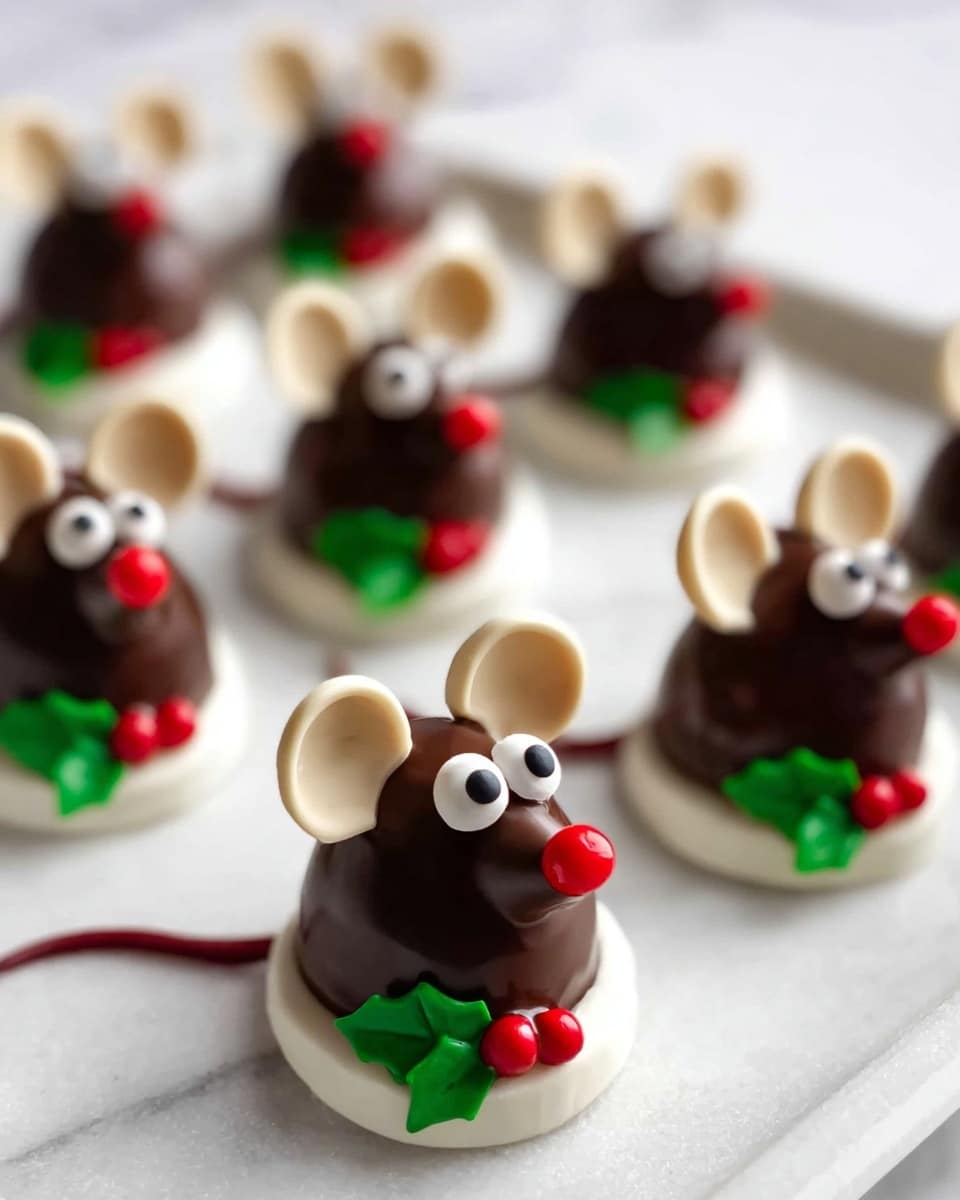 The image shows multiple small treats shaped like little mice sitting on a smooth white round base. Each mouse has two layers: a round dark brown chocolate body at the back and a smaller cone-shaped dark brown chocolate head in the front with two light beige oval ears on top. The eyes are made of two white circles with black dots, and the nose is a small bright red round piece at the tip of the snout. The mouse tails are thin dark red lines extending from behind. The white round base underneath has a decoration of two bright green leaves with a small red berry in the middle. All the treats are placed in the holes of a white tray, which is set on a white marbled surface. photo taken with an iphone --ar 4:5 --v 7
