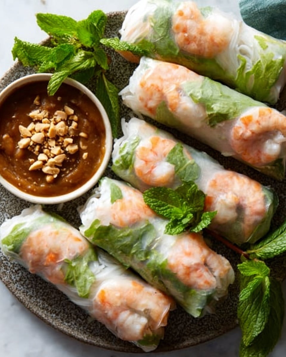 A stack of translucent shrimp spring rolls resting on a black slate board, each roll showing bright orange shrimp, green leafy herbs, and white rice noodles inside thin, shiny rice paper wrappers. One spring roll is cut open on the left, revealing a fresh green lettuce layer wrapping white rice vermicelli noodles. In front, a spring roll is dipped in thick, creamy brown peanut sauce that spills slightly onto the slate board. A small black bowl holds more peanut sauce with crushed peanuts on top, placed blurred in the background near fresh green herbs scattered behind the rolls. The scene sits on a white marbled textured surface. Photo taken with an iphone --ar 4:5 --v 7