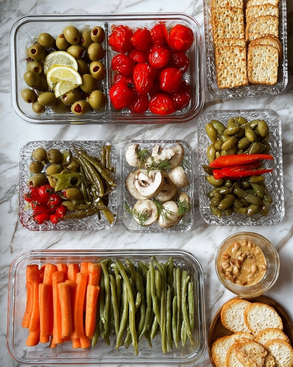 A top-down view of multiple clear glass dishes arranged on a white marbled texture surface, each filled with different appetizers. Starting from the top left, one dish has green and dark olives mixed with lemon slices, next to it a dish with neatly stacked rectangular crackers. Below, a dish holds round slices of toasted bread, adjacent to an oval divided dish containing bright red stuffed cherry peppers, light green olives, and small white cheese balls with herbs. To the right, a divided dish contains green pickles, whole okra, pickled peanuts, and a red chili pepper. At the bottom, a longer dish holds green beans on the left and bright orange carrot sticks on the right, with a smaller dish holding a creamy, light orange spread. Photo taken with an iphone --ar 4:5 --v 7