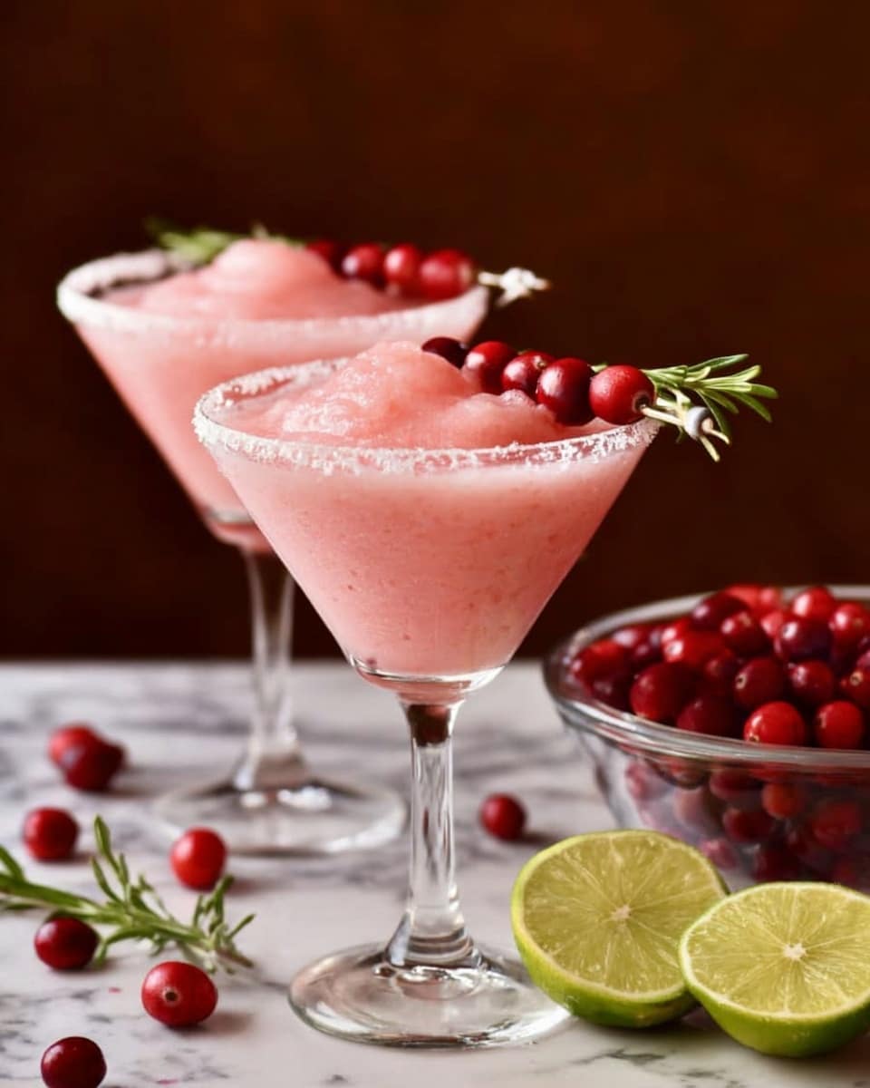 Two frozen pink drinks with a smooth and slushy texture are served in clear, classic martini glasses with rims coated in salt. Each drink is trimmed with two red cranberries on a small skewer, placed on the right side of the glass rim. The drinks sit on a white marbled surface scattered with fresh red cranberries and green sprigs of rosemary. A clear glass bowl filled with bright red cranberries sits behind the drinks on the right side. In front and to the right, two lime wedges with a pale green color rest on the surface. The background is dark brown, making the light pink drinks stand out. Photo taken with an iphone --ar 4:5 --v 7
