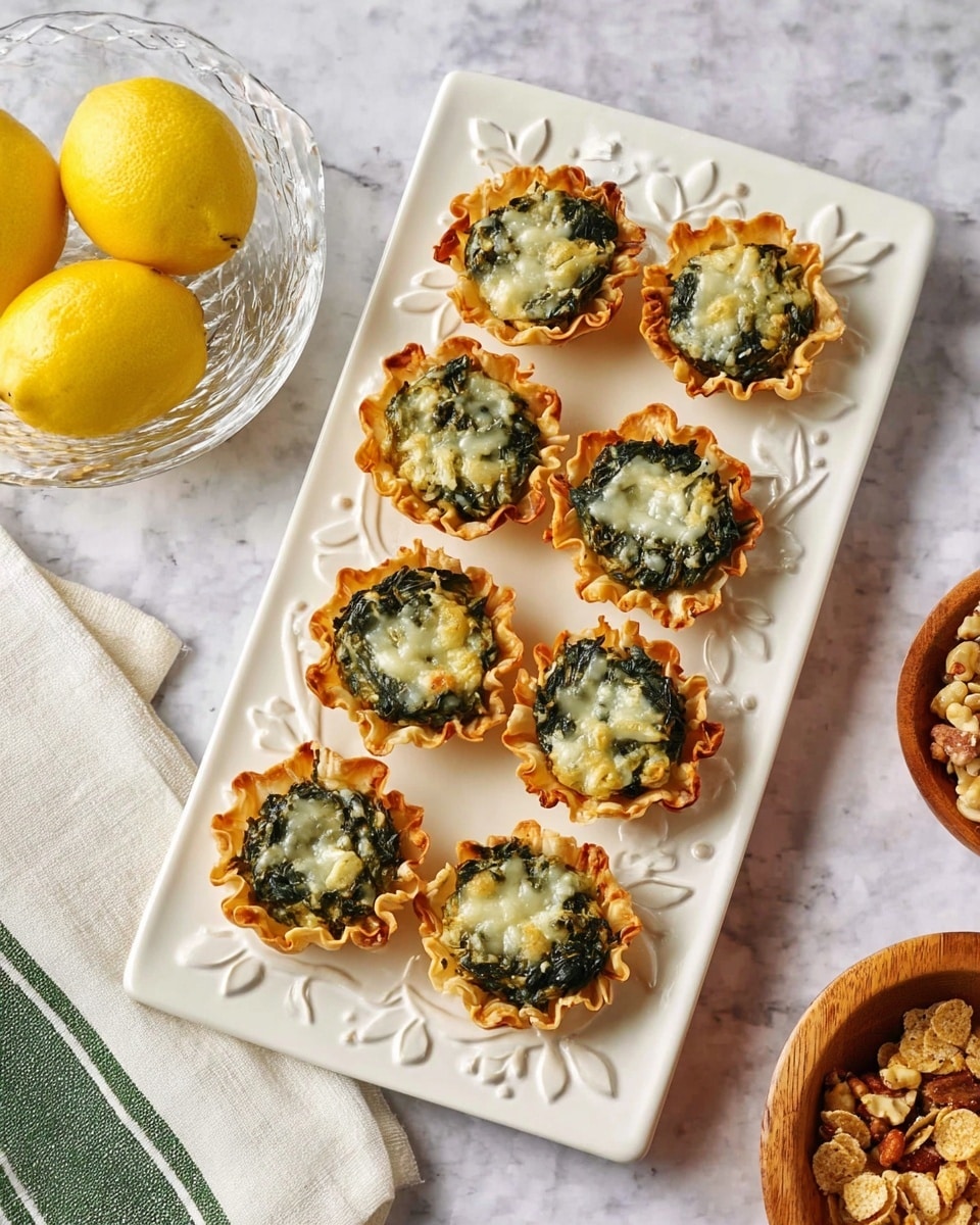 Nine small tartlets are arranged on a white rectangular plate with raised fruit and leaf patterns. Each tartlet has a golden, crispy crust with ruffled edges, filled with a dark green spinach mixture topped with melted white cheese that looks slightly browned in spots. The plate is set on a white marbled texture surface. To the left, there is a clear glass bowl holding two yellow lemons, and in the bottom right corner, part of a wooden bowl filled with a mix of cereal and nuts is visible. A white cloth with green stripes lies at the bottom left corner of the frame. Photo taken with an iphone --ar 4:5 --v 7