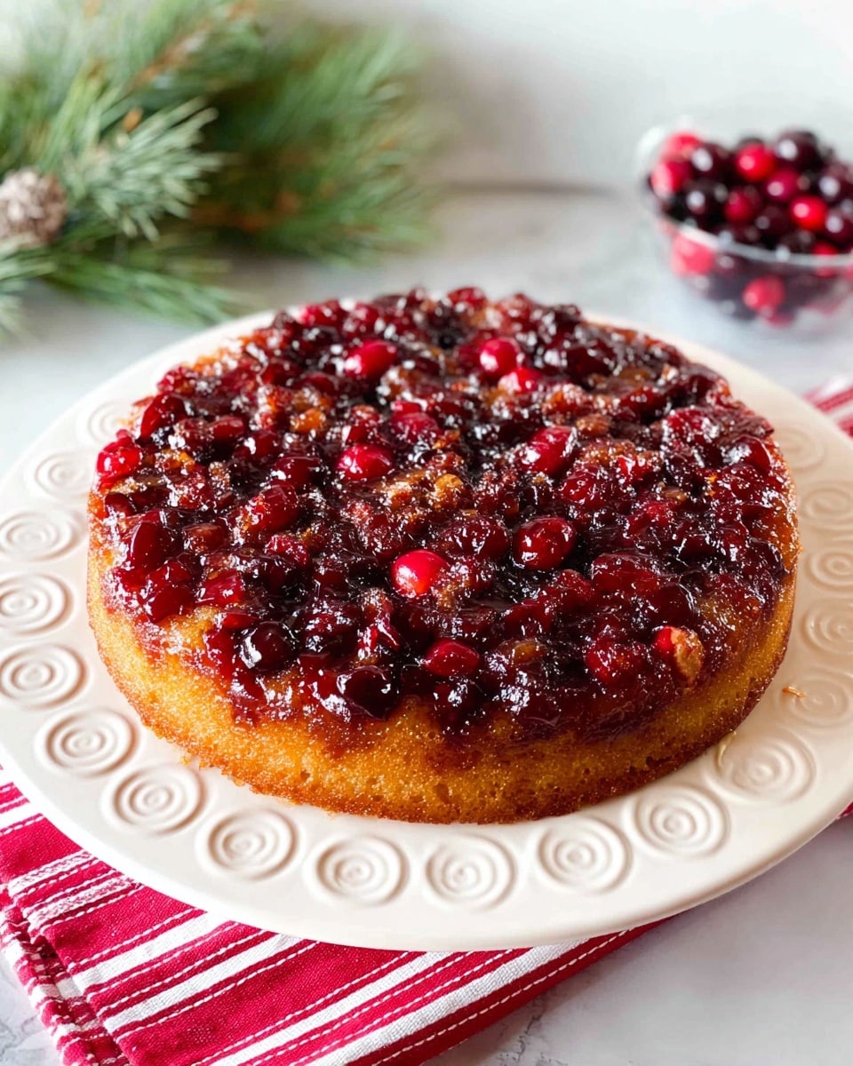 A round upside-down cake sits on a white plate with embossed round patterns. The top layer is a glossy, sticky mix of dark red and deep brown caramelized fruit bits, likely cranberries, spread unevenly but covering the entire surface. Underneath, the cake layer is golden brown, soft, and slightly thick, forming the base that supports the fruit topping. The plate stands on a red and white striped cloth on a white marbled surface. In the background, there are green pine branches and a small transparent bowl with more dark red berries. Photo taken with an iphone --ar 4:5 --v 7