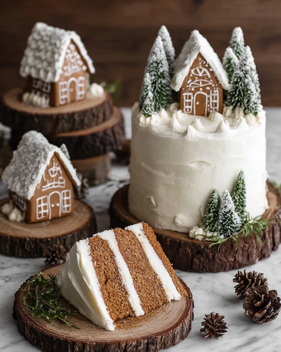 A three-layer round cake is covered in thick, smooth white frosting and topped with a gingerbread house decorated with white icing details like a door and windows, surrounded by small green sprigs resembling pine trees dusted lightly with powdered sugar. In front of the cake is a slice showing three moist, brown cake layers separated by white frosting, placed on a rustic wooden slab with a small green herb branch beside it. Two more gingerbread houses with white icing roofs and windows sit on wooden slabs in the background, all set against a white marbled surface with scattered pine cones creating a cozy, festive scene. photo taken with an iphone --ar 4:5 --v 7
