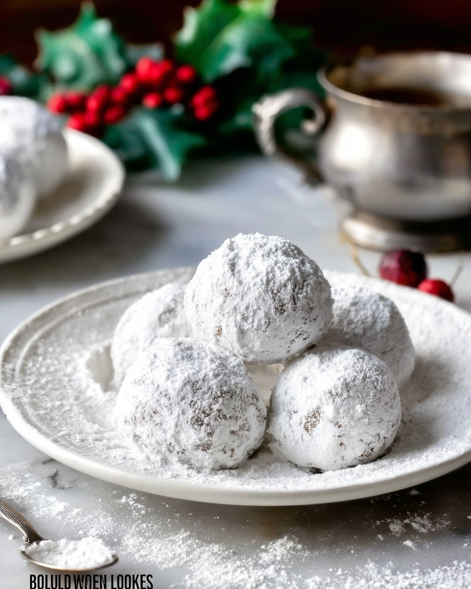 The image shows five round bourbon balls covered in a thick layer of white powdered sugar, giving them a soft and snowy look. They are arranged close together on a white plate with intricate brown and gold patterns around the rim. The plate is set on a surface with a white marbled texture. In the background, there is a silver metal pitcher slightly blurred, as well as green festive decorations and red berries adding a warm, holiday feel. Photo taken with an iphone --ar 4:5 --v 7