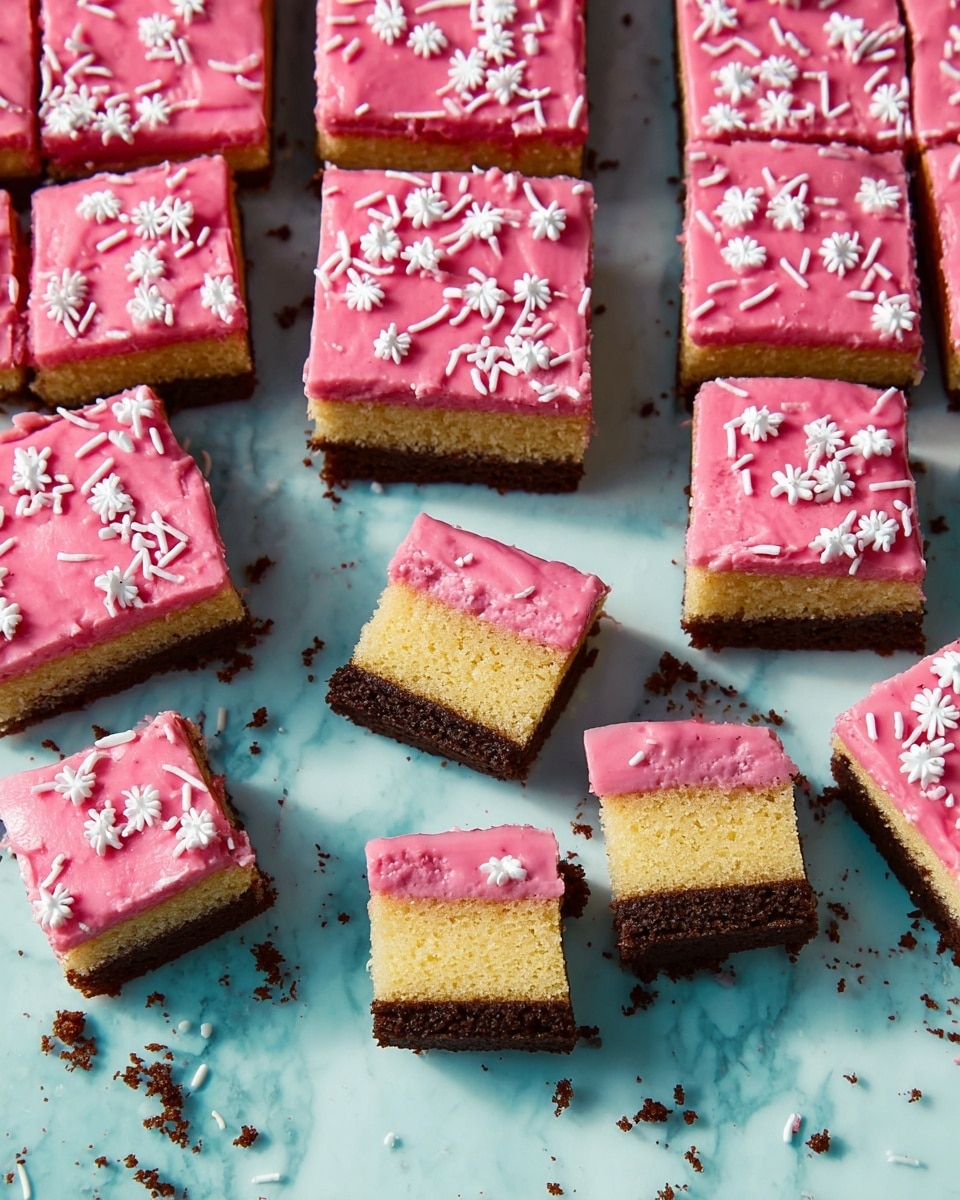 The image shows multiple square pieces of layered cake scattered on a white marbled texture. Each piece has two layers: the bottom layer is dark brown and looks like chocolate cake, and the top layer is light yellow, like vanilla cake. On top of the cakes, there is a bright pink icing layer with white sprinkles and small white flower decorations. Some cake pieces are placed in a group, while others are spread out with crumbs and sprinkles around them, creating a playful and colorful scene. Photo taken with an iphone --ar 4:5 --v 7